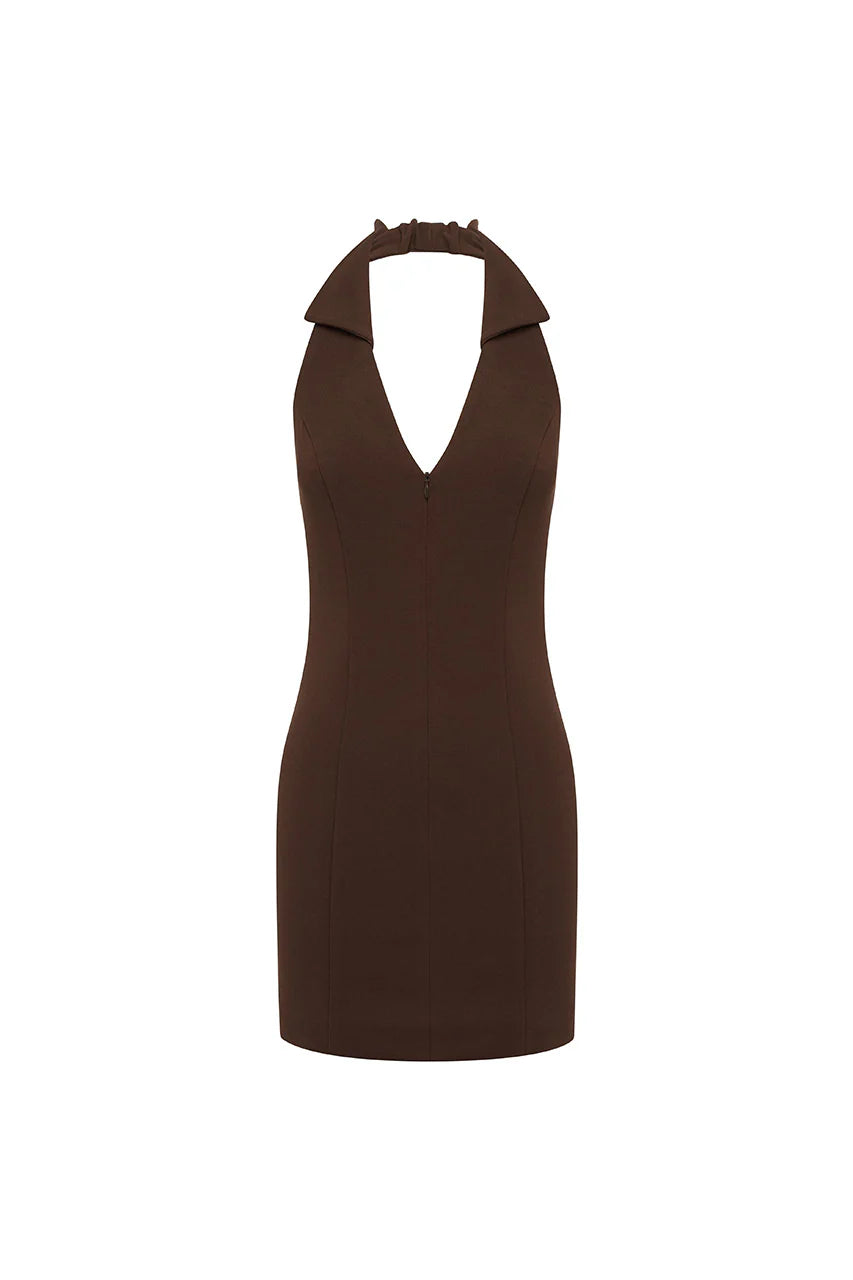 ARCHER COLLAR ZIP FRONT MINI DRESS - BITTER CHOCOLATE