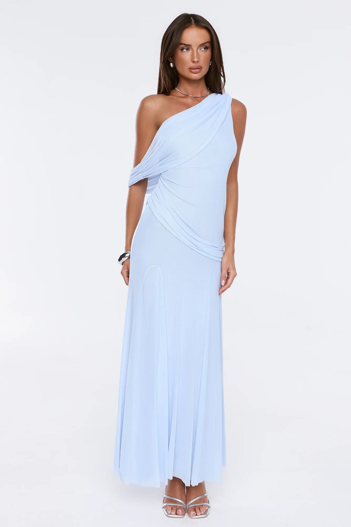 The Influencer Mesh One Shoulder Maxi Dress Blue