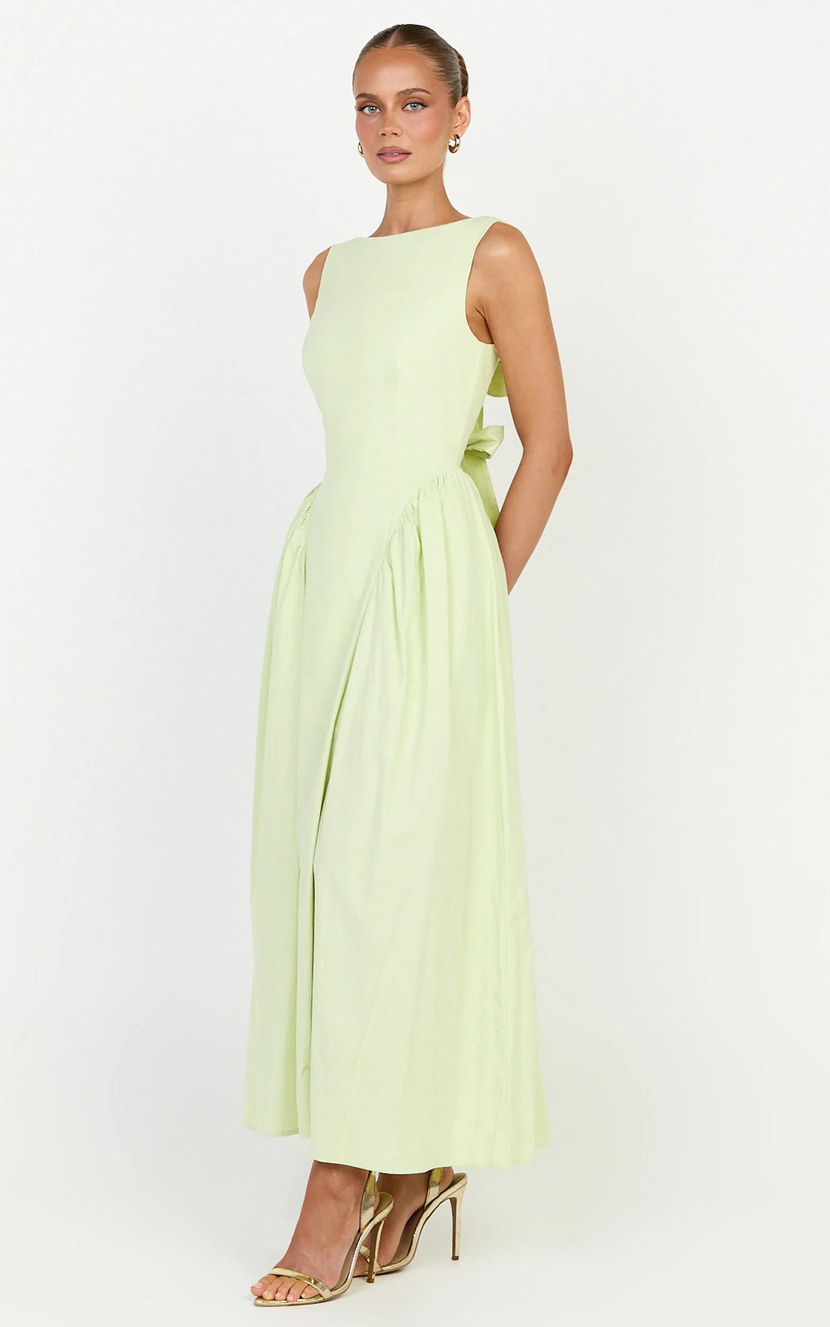 Casina Midi Dress - Boat Neck Tie Back Fit And Flare Dress in Sage