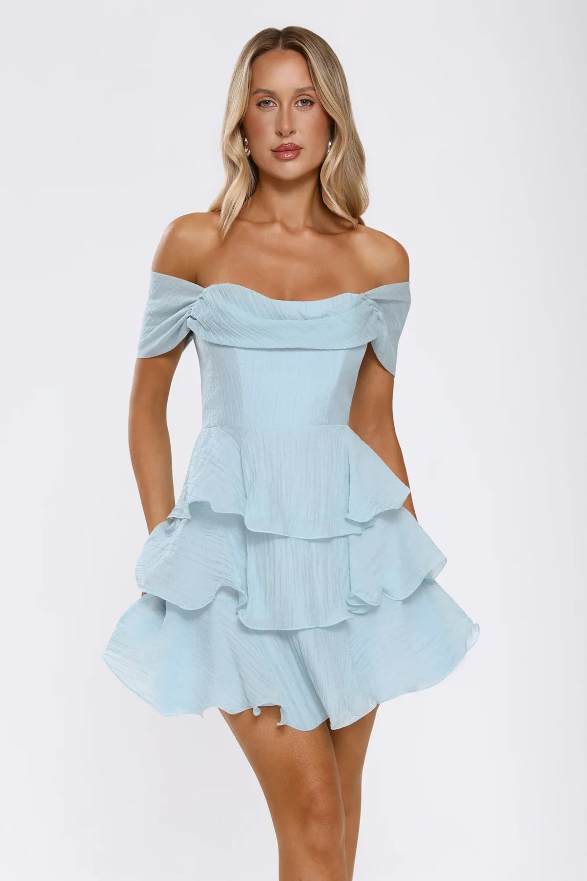 Pretty In The Sun Off Shoulder Mini Dress Blue