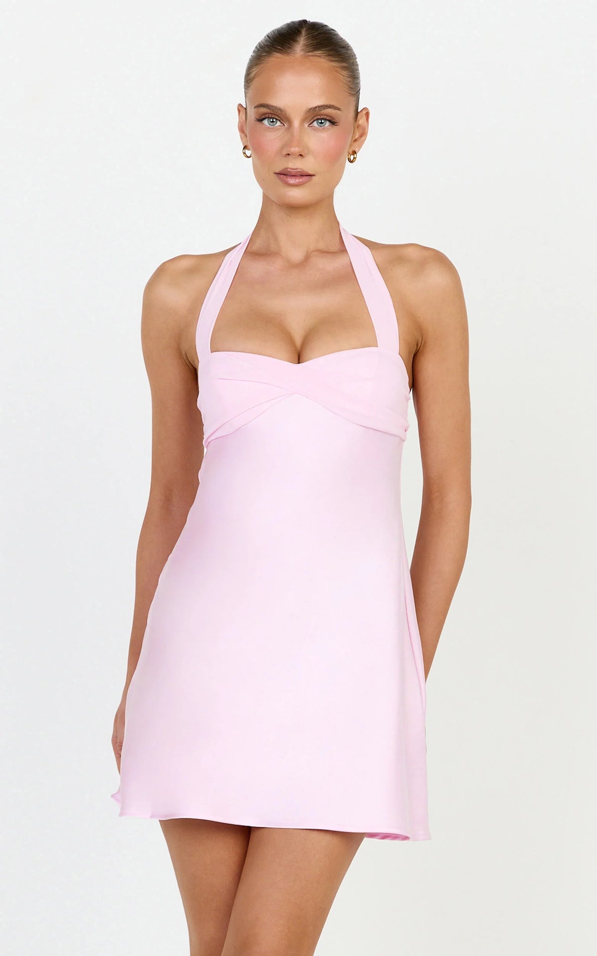 Flynn Mini Dress - Satin Halter Sweetheart Neck Dress in Pink