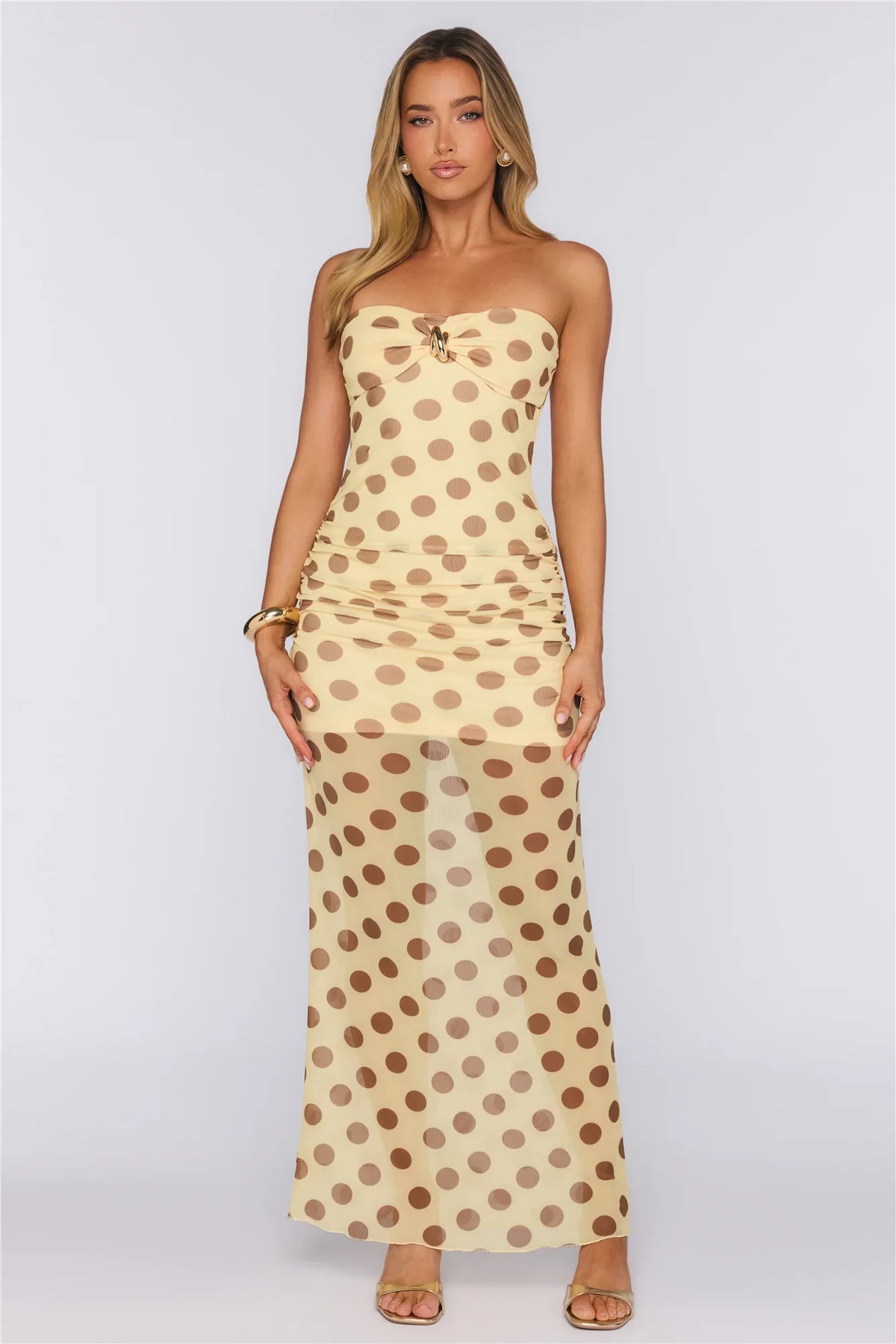 Love After Dark Mesh Polka Dot Strapless Maxi Dress Yellow