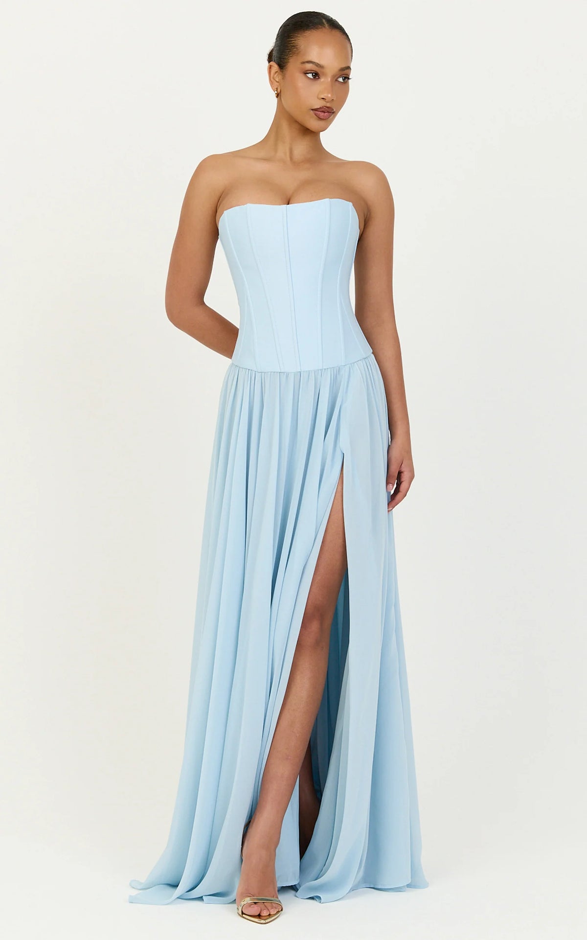 Eugene Maxi Dress - Contrast Strapless Fit And Flare High Split Dress in Blue