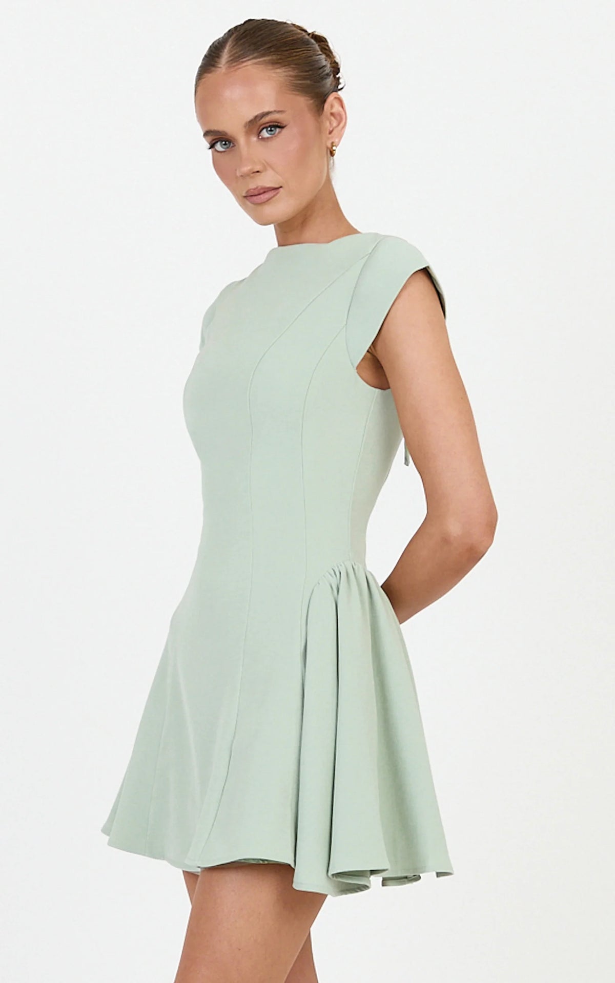 Lorayne Mini Dress - Cap Sleeve Gathered Hip Tie Back Mini Dress in Sage