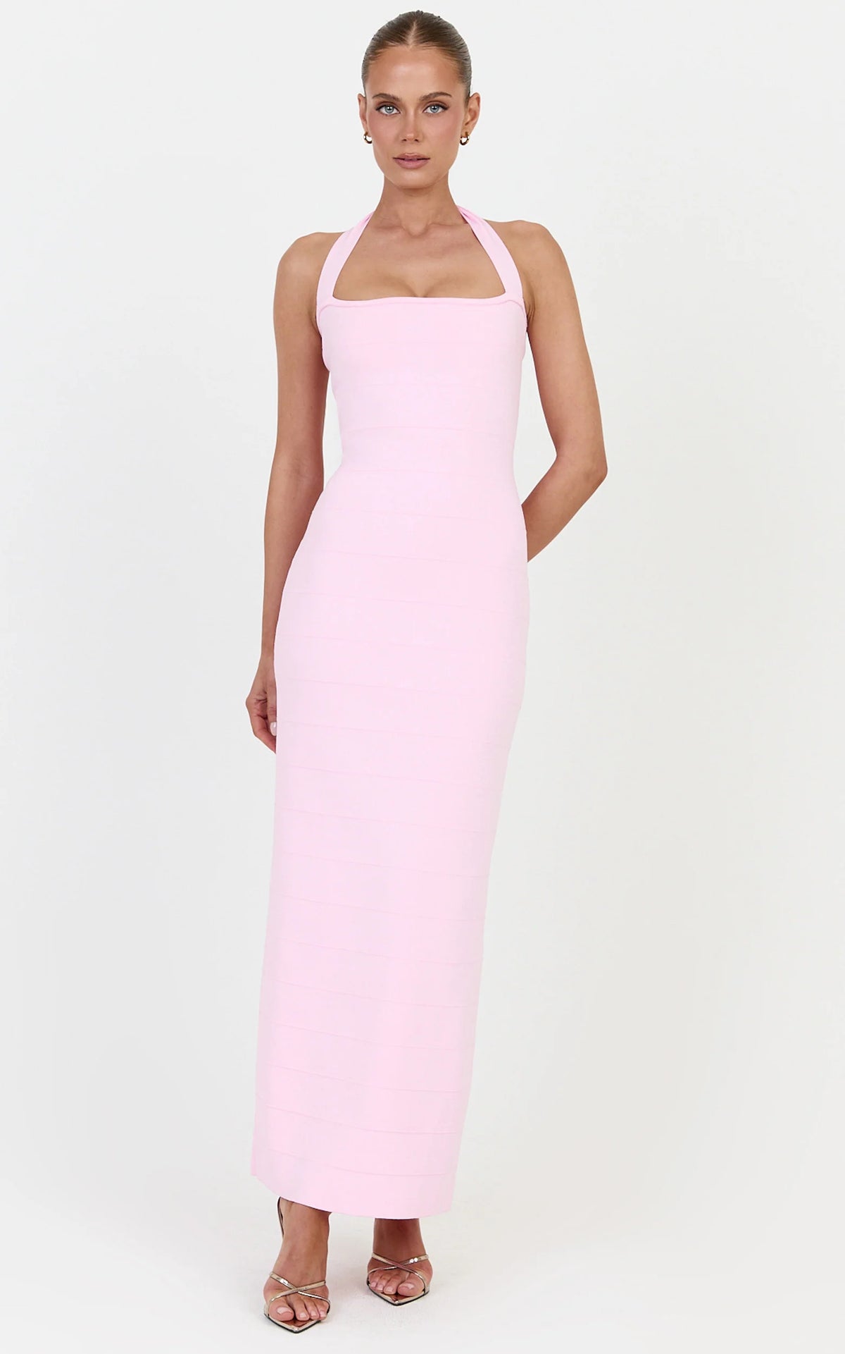 Scarlett Midi Dress - Halter Neck Bandage Knit Dress in Pink