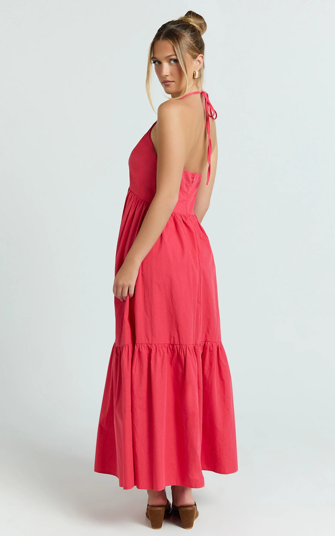 Augusta Midi Dress - Gathered Halter Neck Tiered Midi Dress in Red