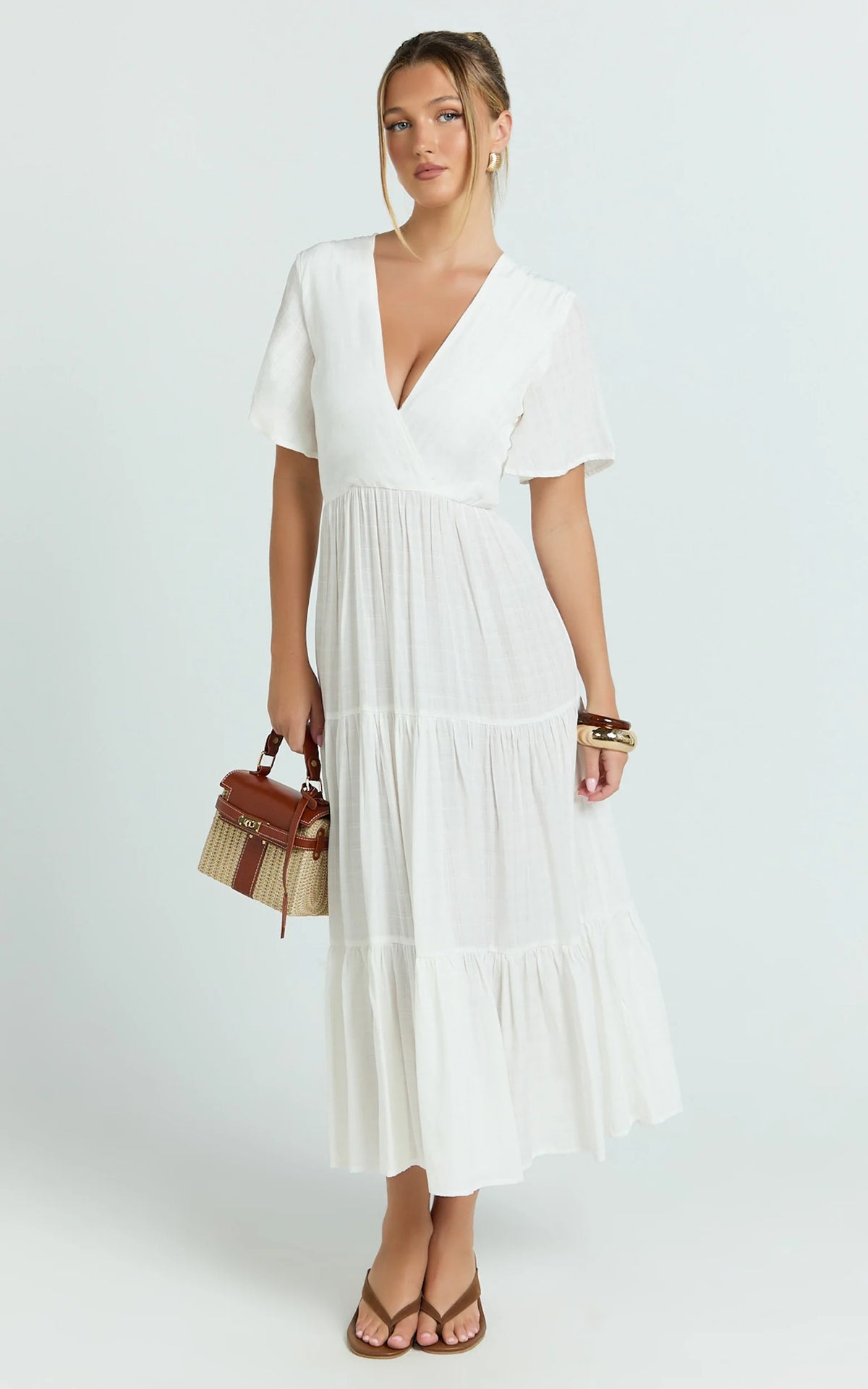 Cryzel Midi Dress - Flutter Sleeve Tiered Dress in White