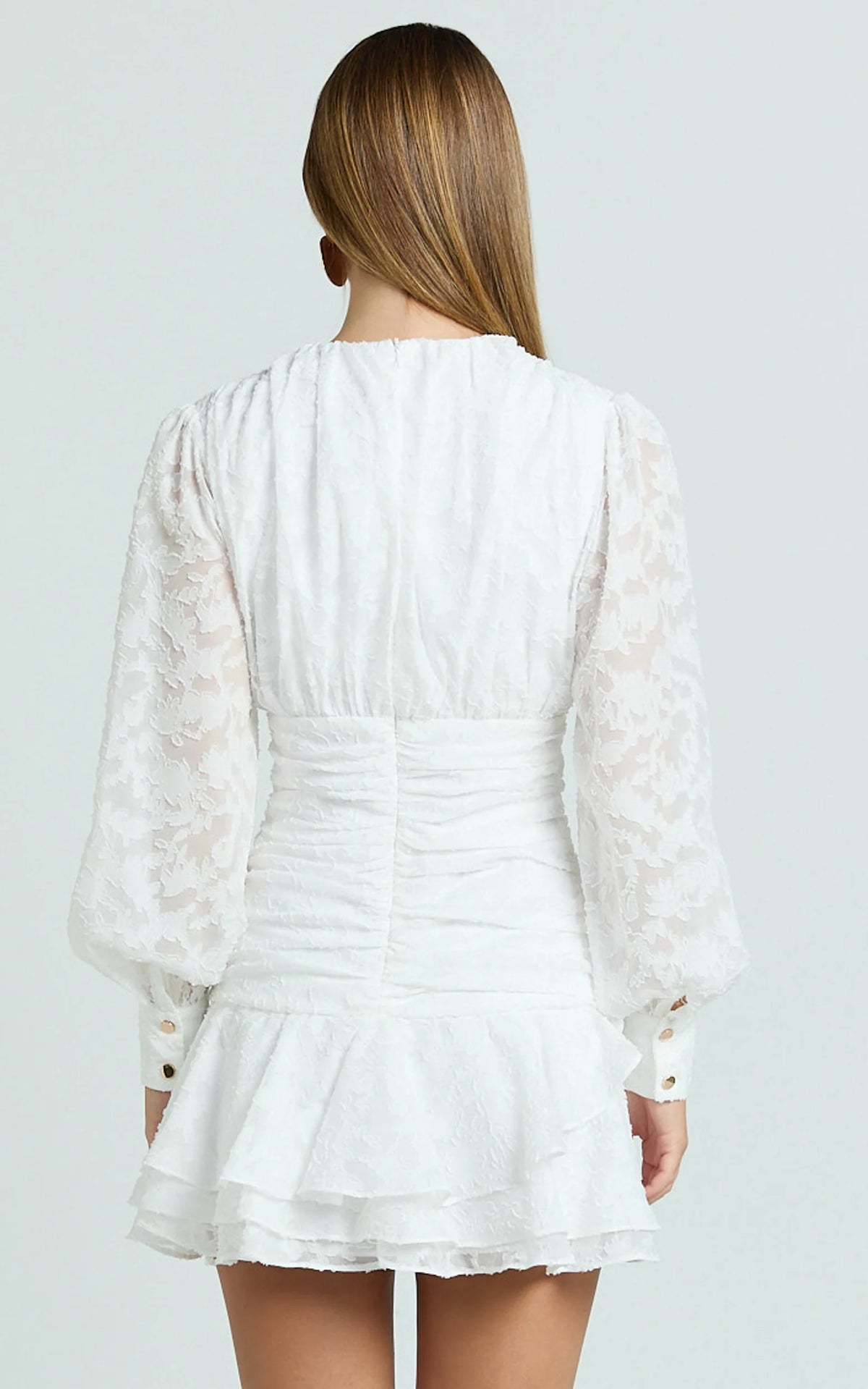 Bijou Mini Dress - Embroidery Long Sleeve Dress in White