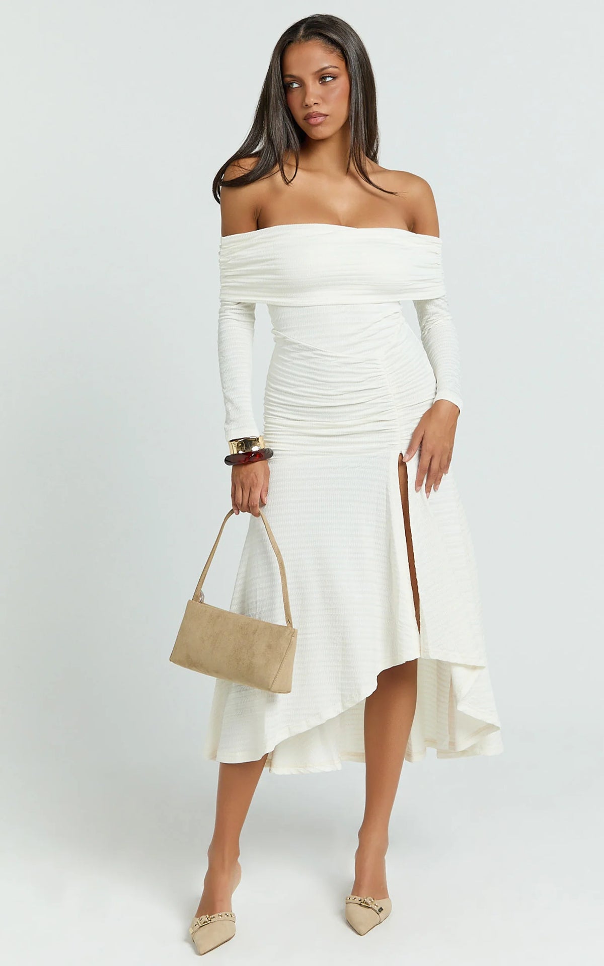 Carissa Midi Dress - Off Shoulder Long Sleeve Flounce Skirt Jersey Dress in Ivory