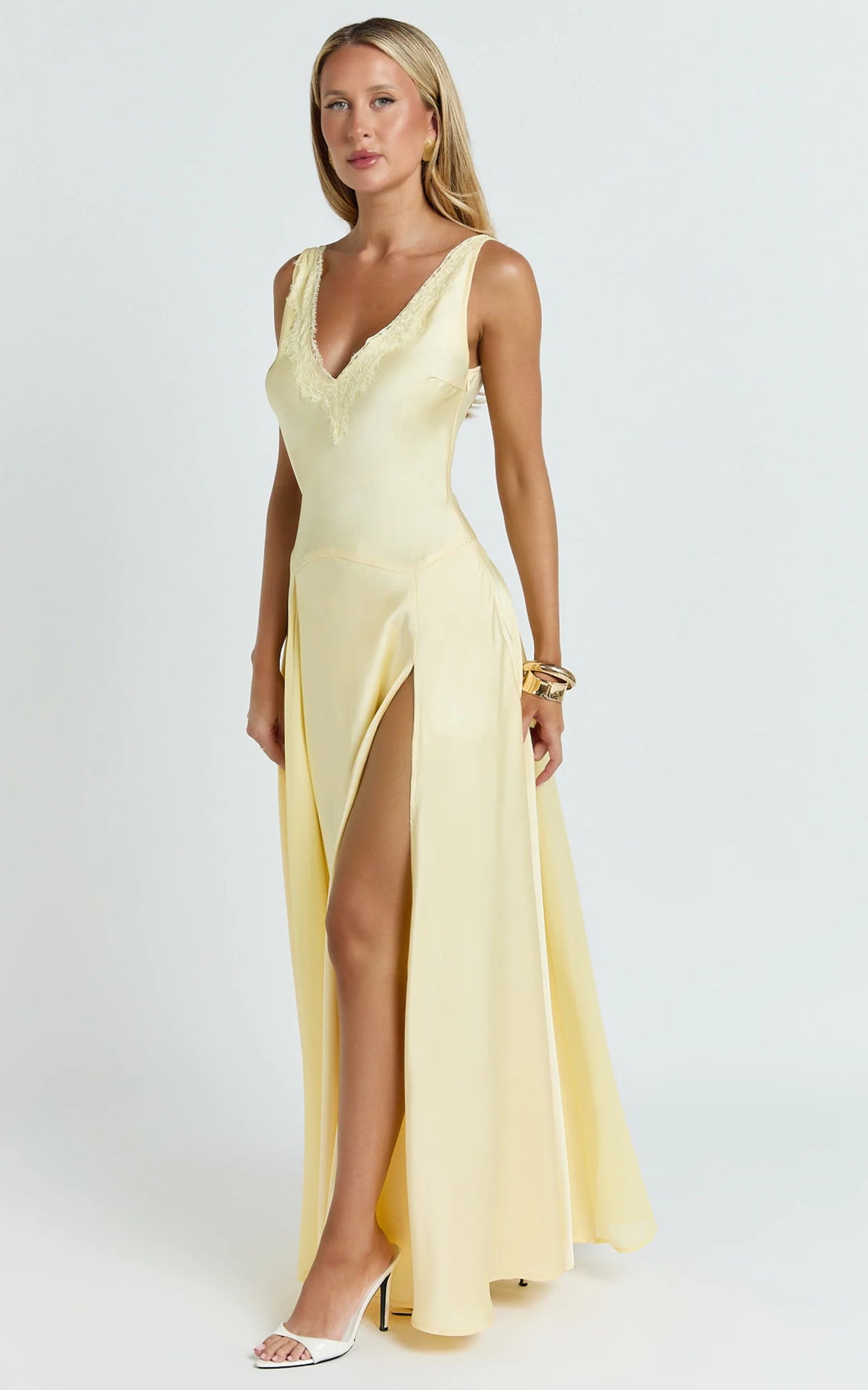 Darlene Maxi Dress - Lace Trim Drop Waist Dress in Lemon
