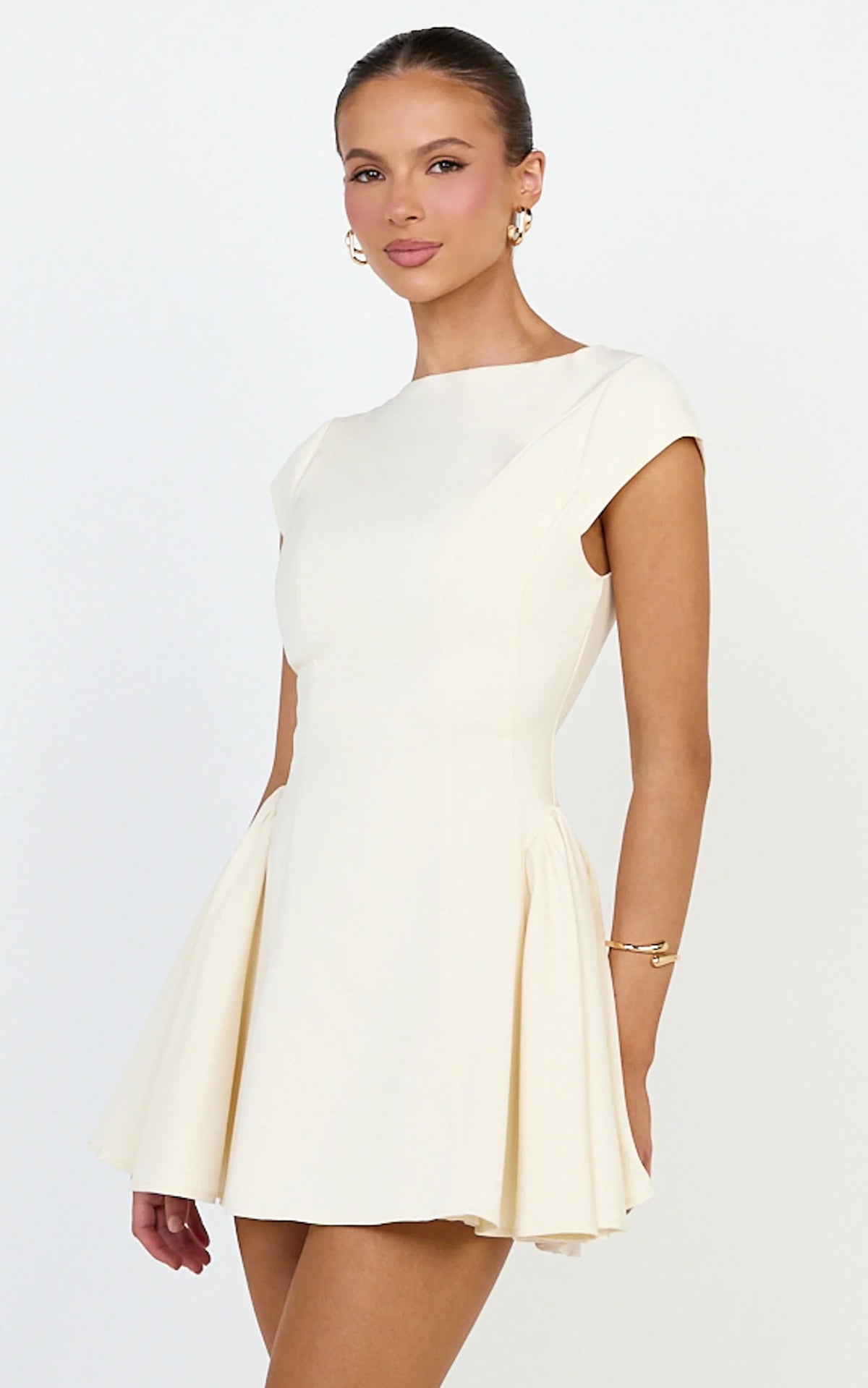Lorayne Mini Dress - Cap Sleeve Gathered Hip Tie Back Mini Dress in Cream