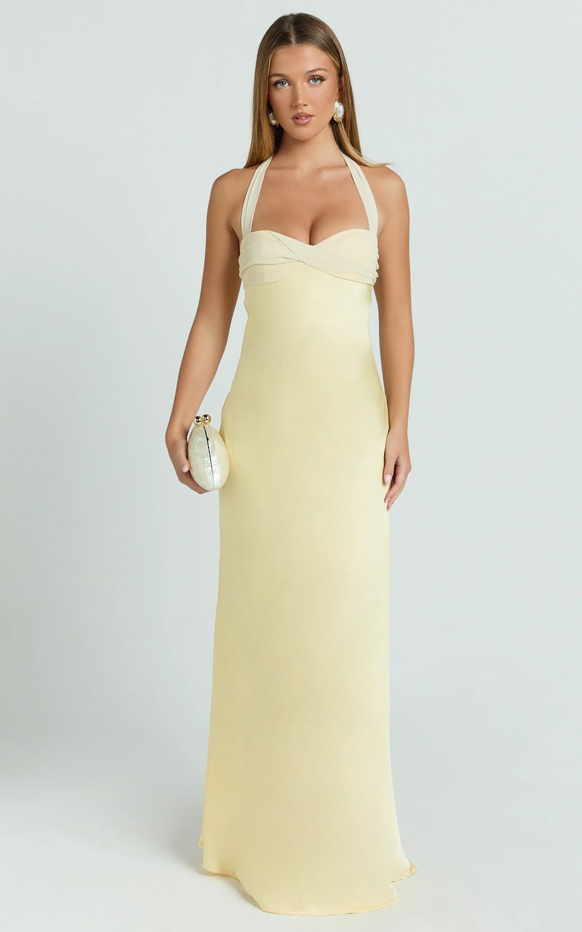 Flynn Maxi Dress - Satin Halter Sweetheart Neck Dress in Butter Yellow