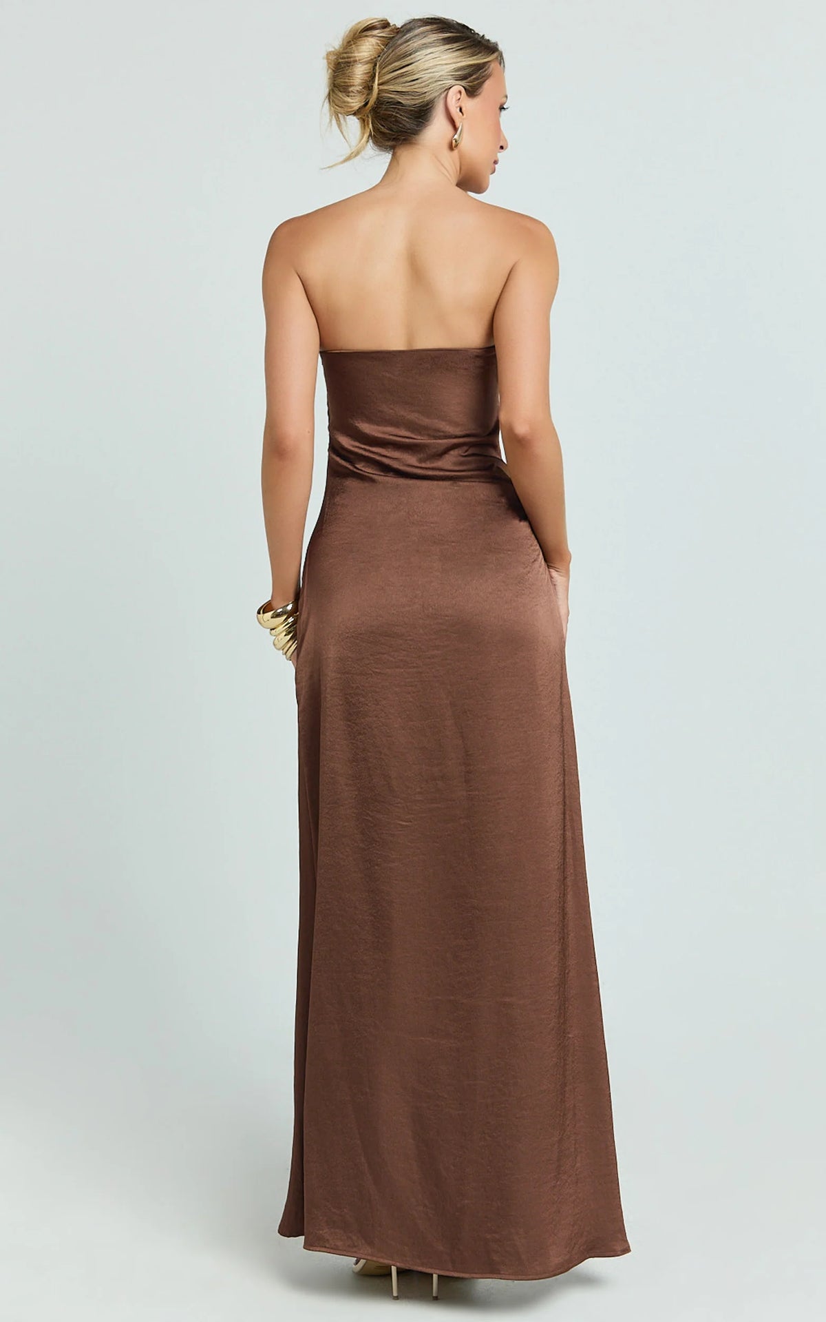 Laurie Maxi Dress - Strapless Draped Satin Dress in Chocolate