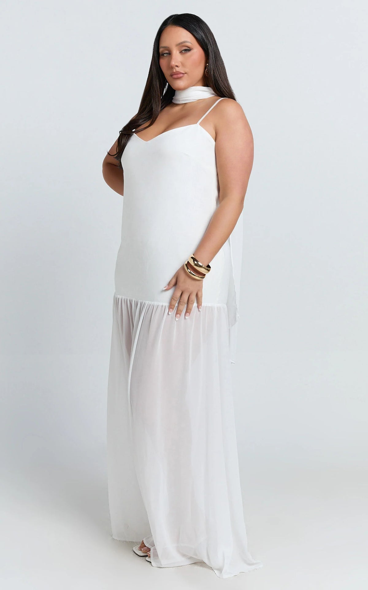 Calvin Maxi Dress - Linen Look Contrast Georgette Skirt with Neck Scarf in White