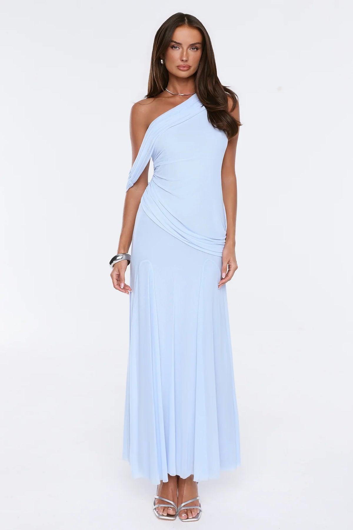 The Influencer Mesh One Shoulder Maxi Dress Blue