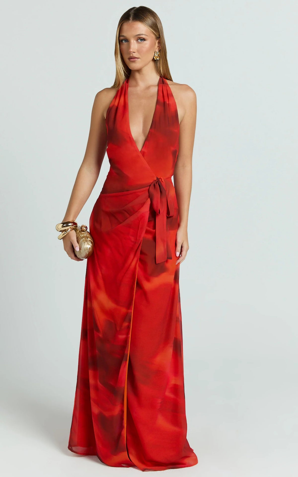 Eva Maxi Dress - Plunge Halter Wrap Dress in Abstract Adeana Print