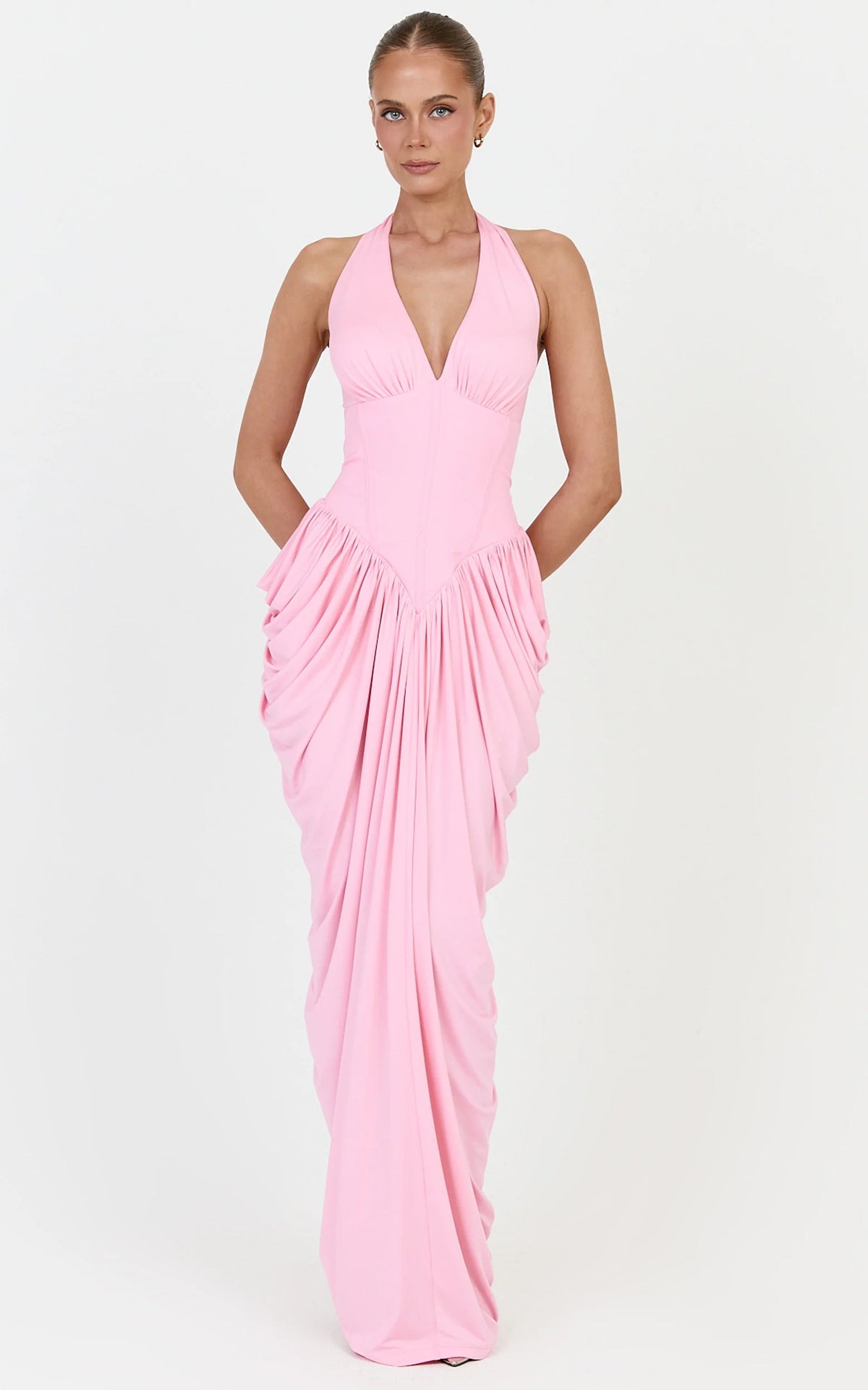 Margaux Maxi Dress - Halter Neck Corset Bodice Draped Dress in Pink