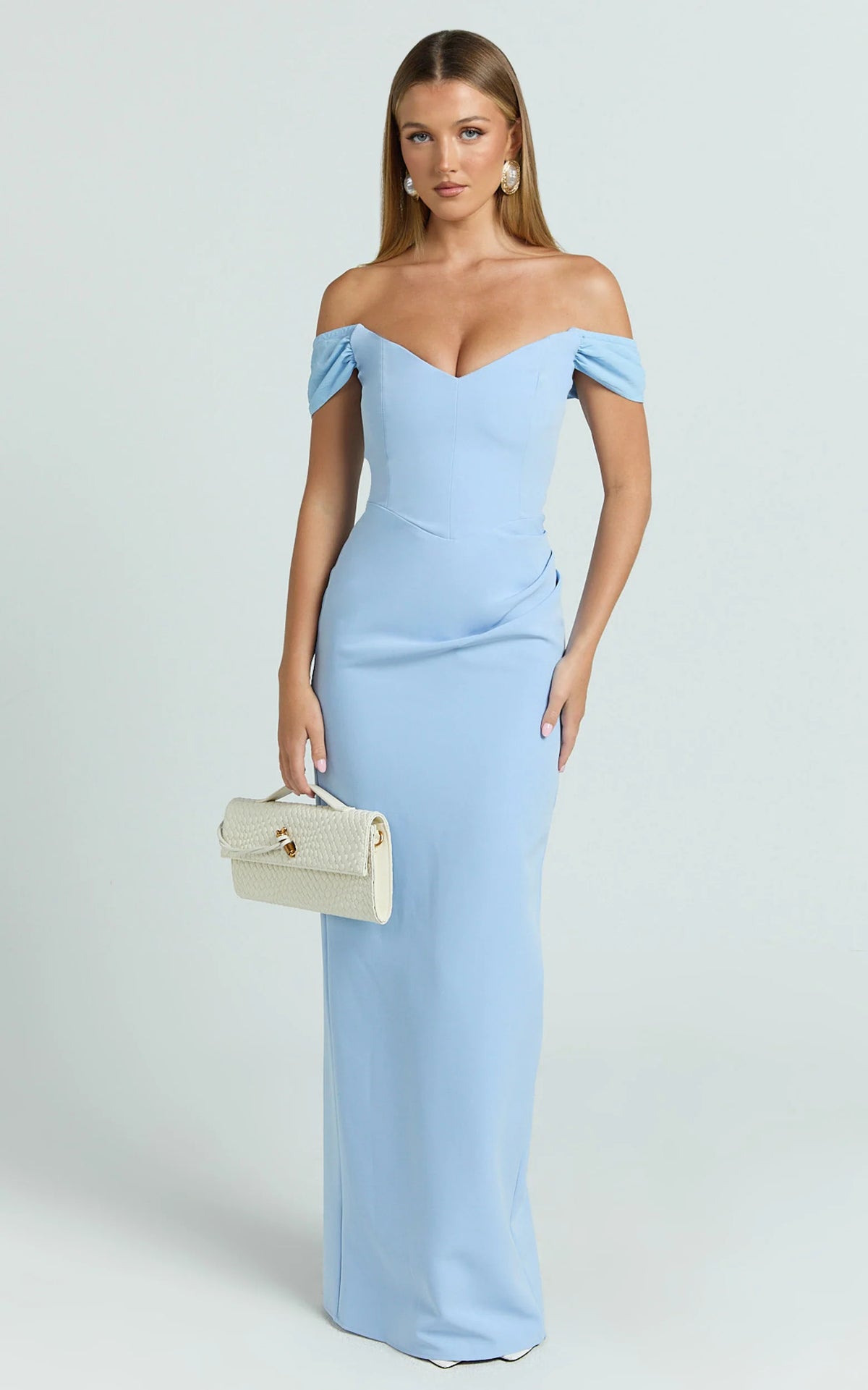 Veronika Maxi Dress - Off Shoulder Plunge High Split Dress in Blue