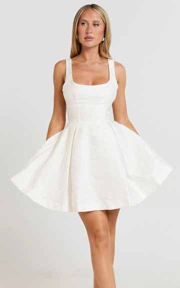 Stephane Mini Dress - Corset Scoop Neck Fit and Flare Dress in Ivory