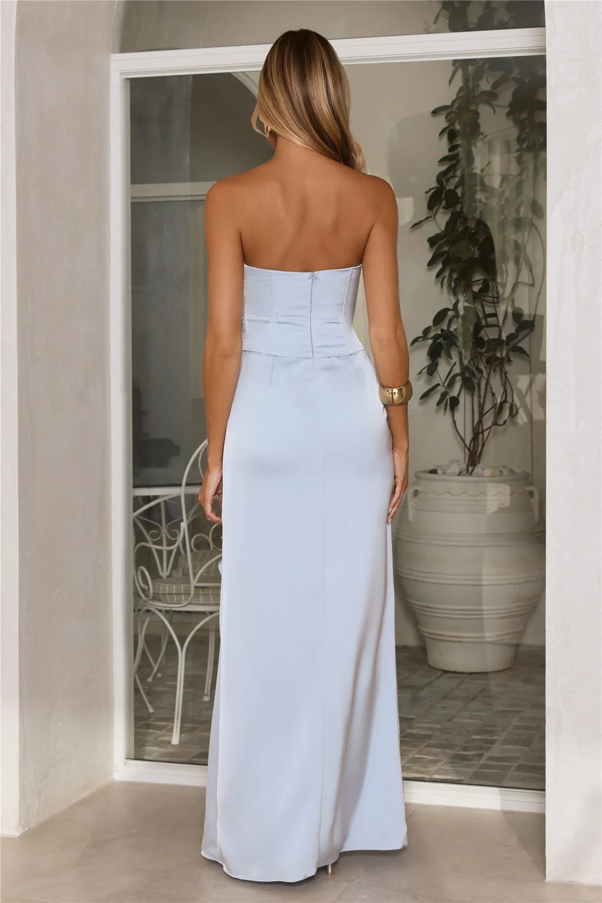 Vibes On Point Strapless Satin Maxi Dress Blue