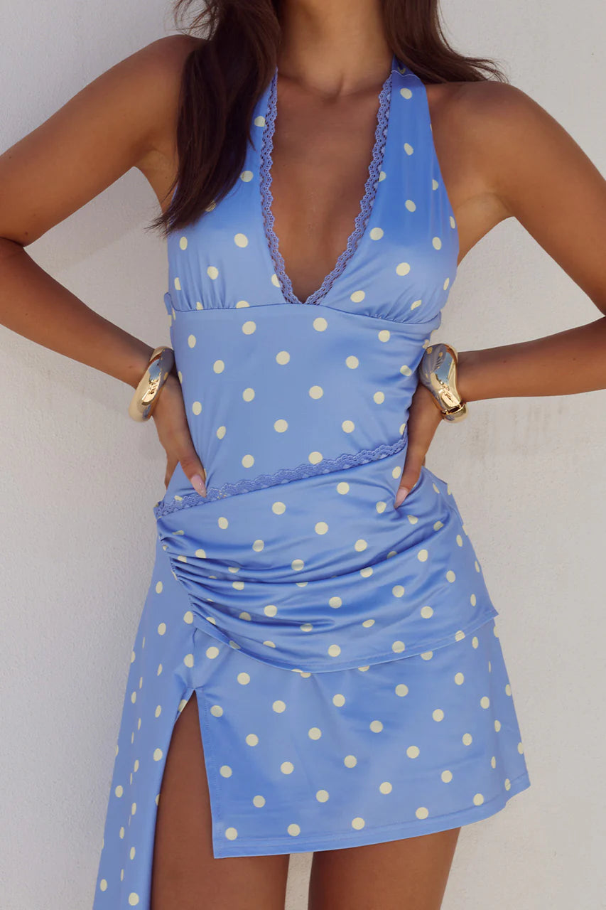 CELYSE HALTER MINI DRESS - PERIWINKLE/LEMON POLKA