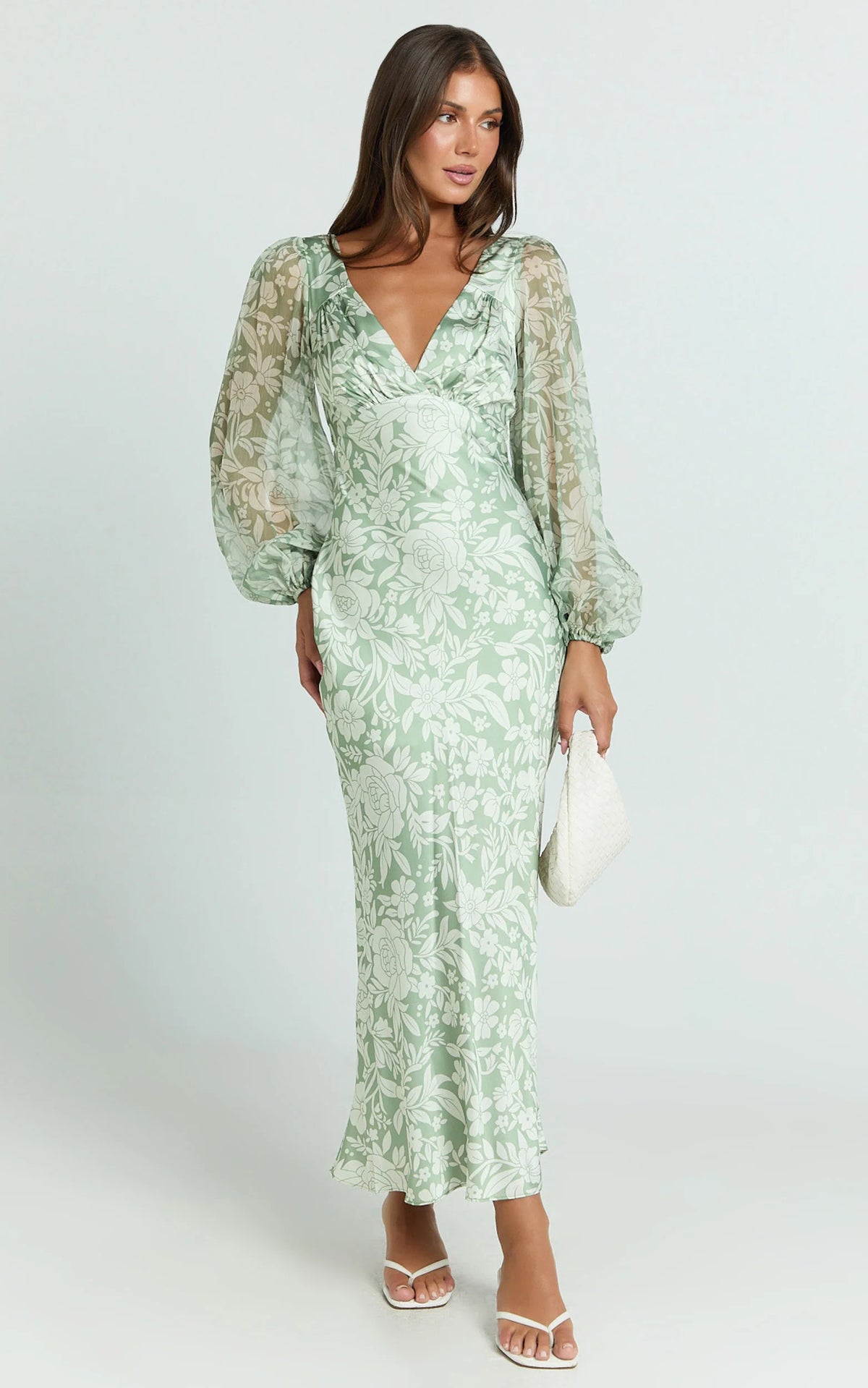 Freollyn Midi Dress - Deep V Neck Long Sleeve Dress in Sage