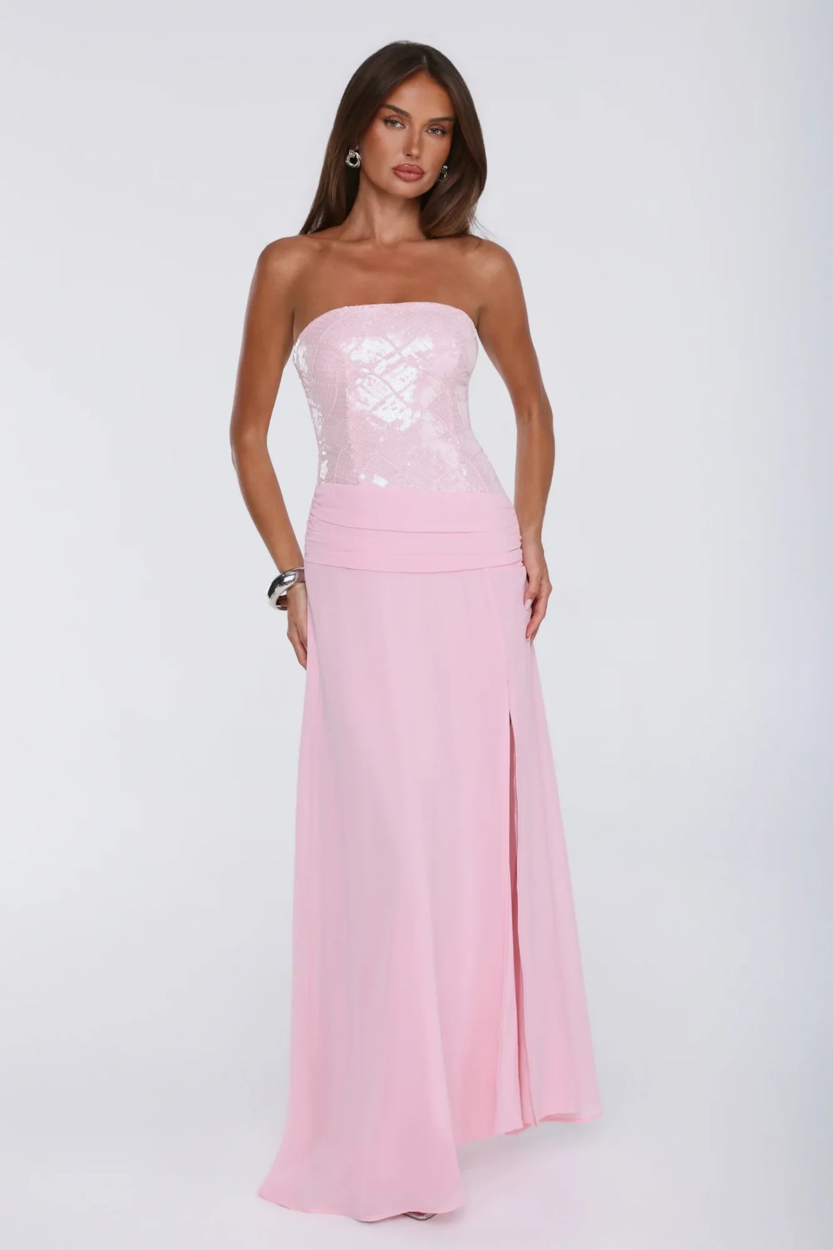 Shine Into Midnight Strapless Sequin Maxi Dress Pink