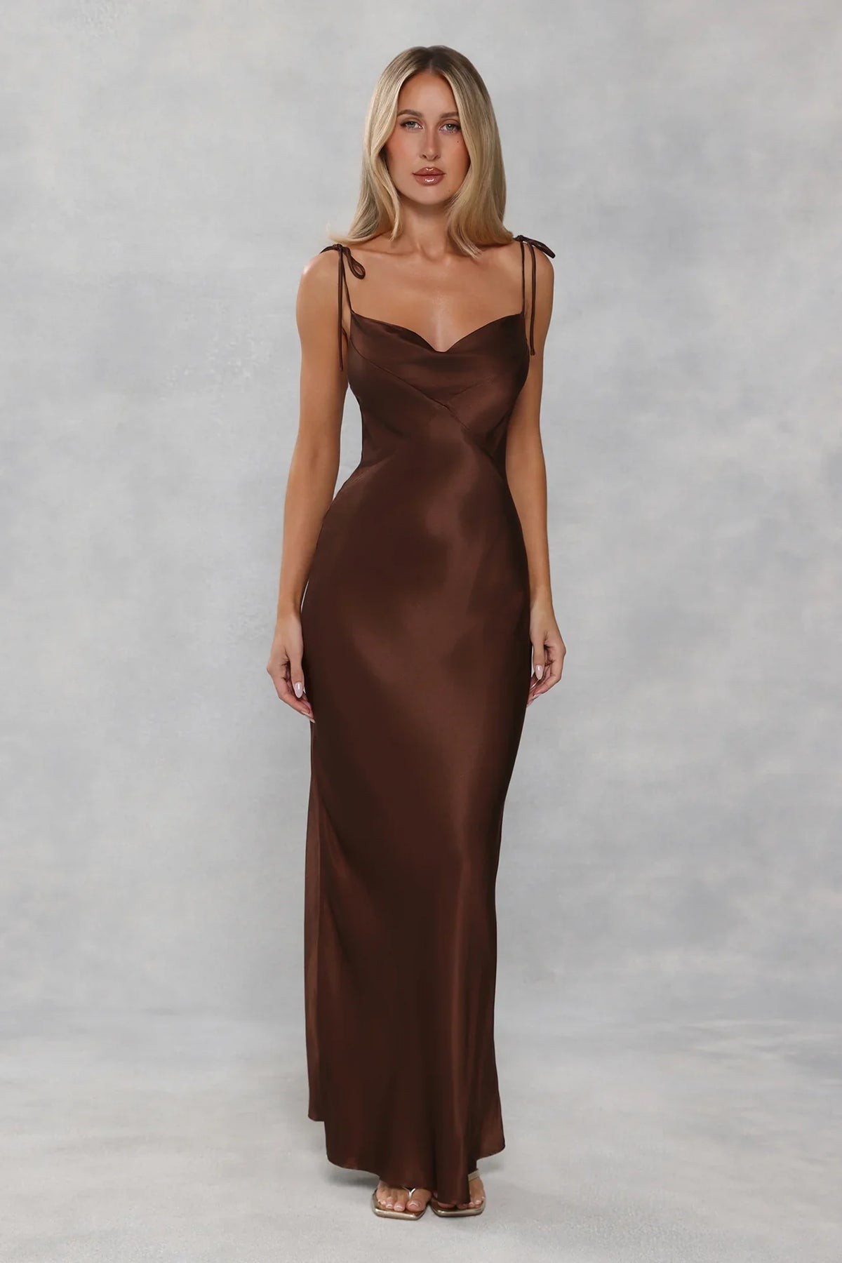 The Penelope Cowl Satin Maxi Dress Chocolate Brown