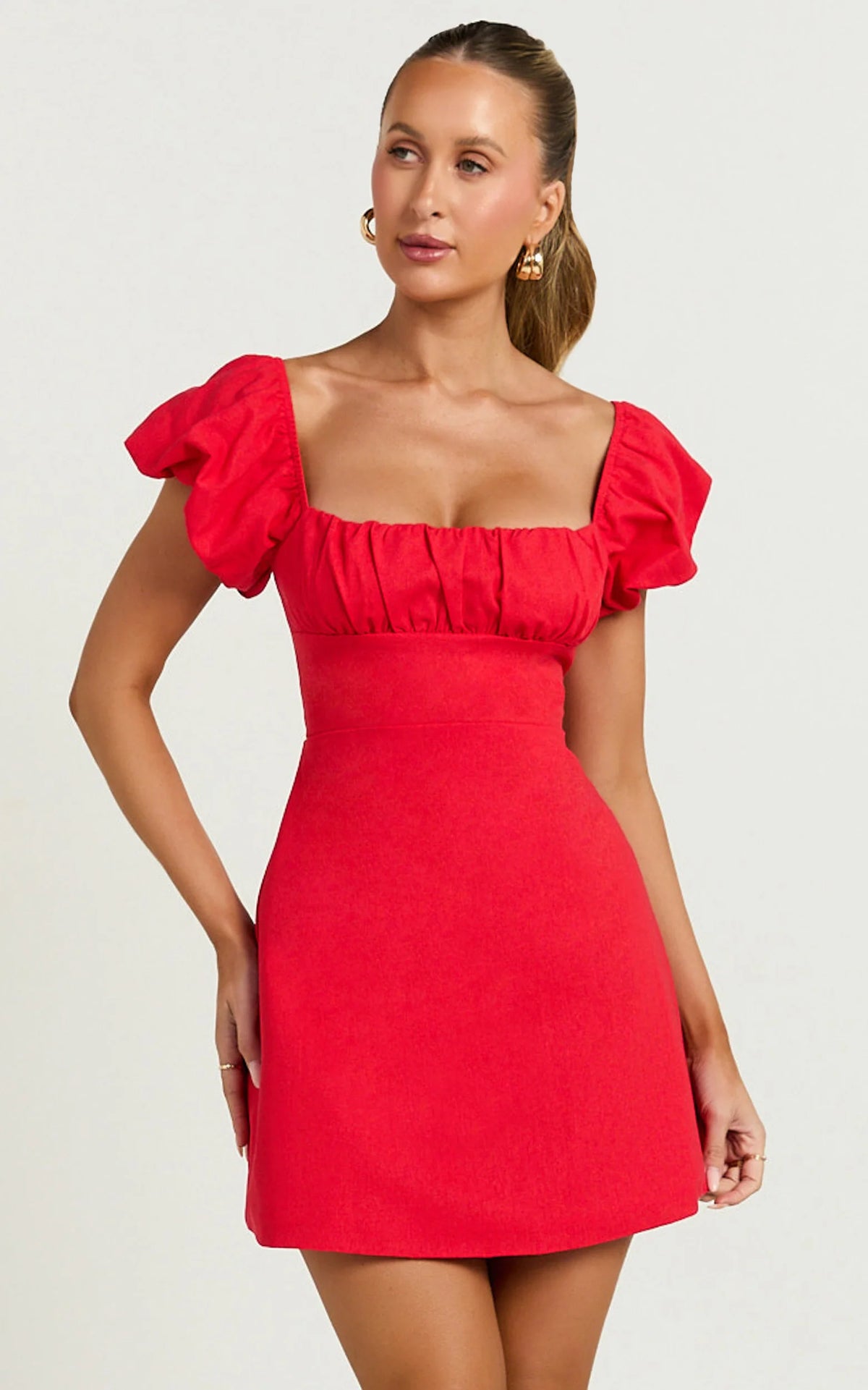 Ginny Mini Dress - Square Neck Ruched Bodice Puff Sleeve Straight Dress in Red