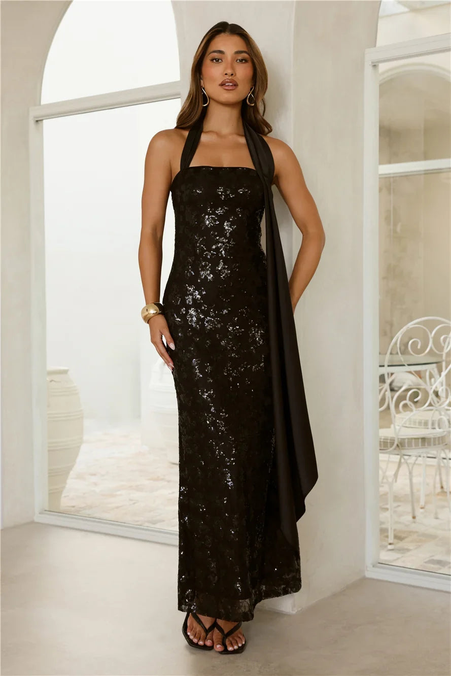 Sparkle Moon Lace Sequin Halter Maxi Dress Black