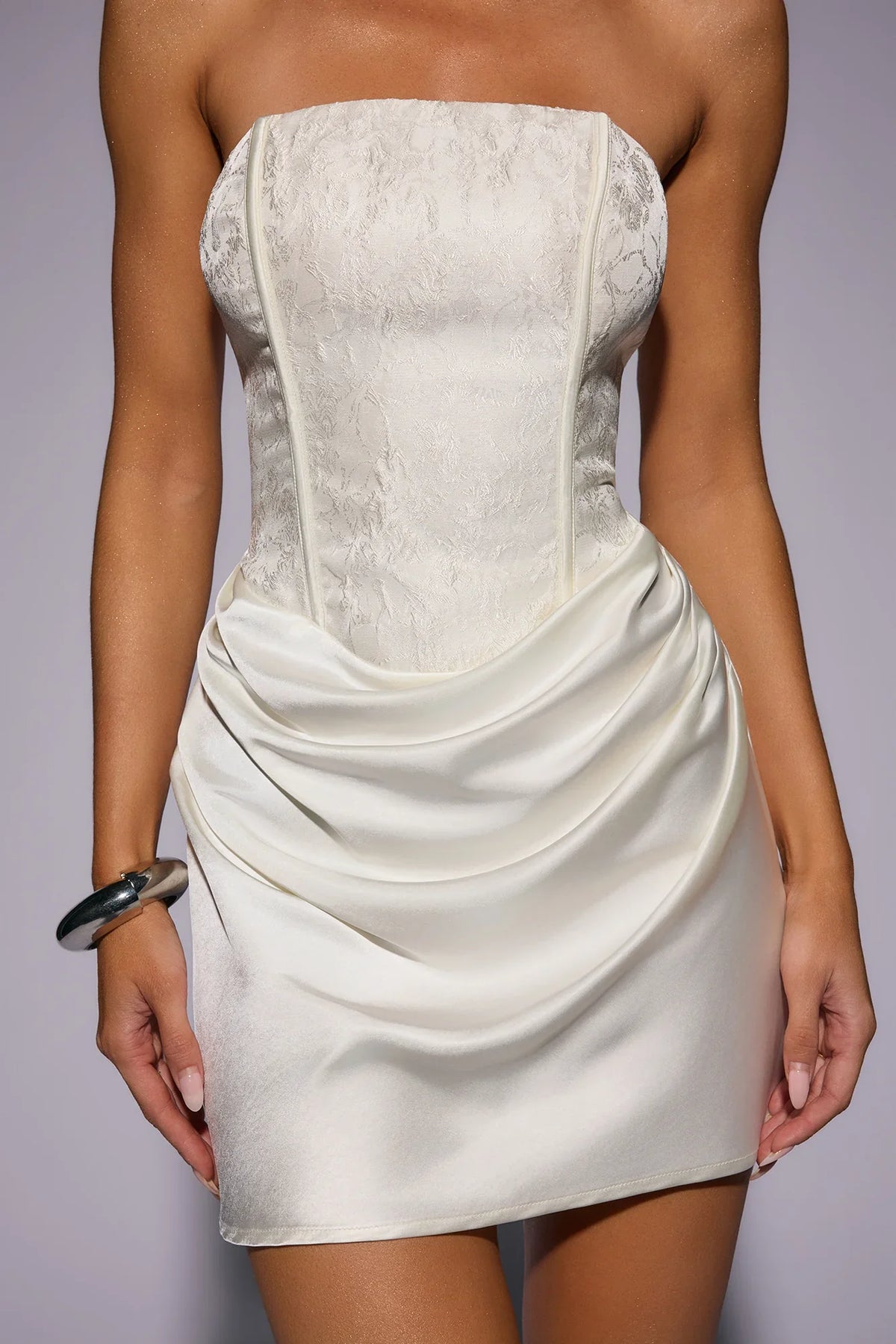Dressed To Dazzle Strapless Satin Mini Dress Cream