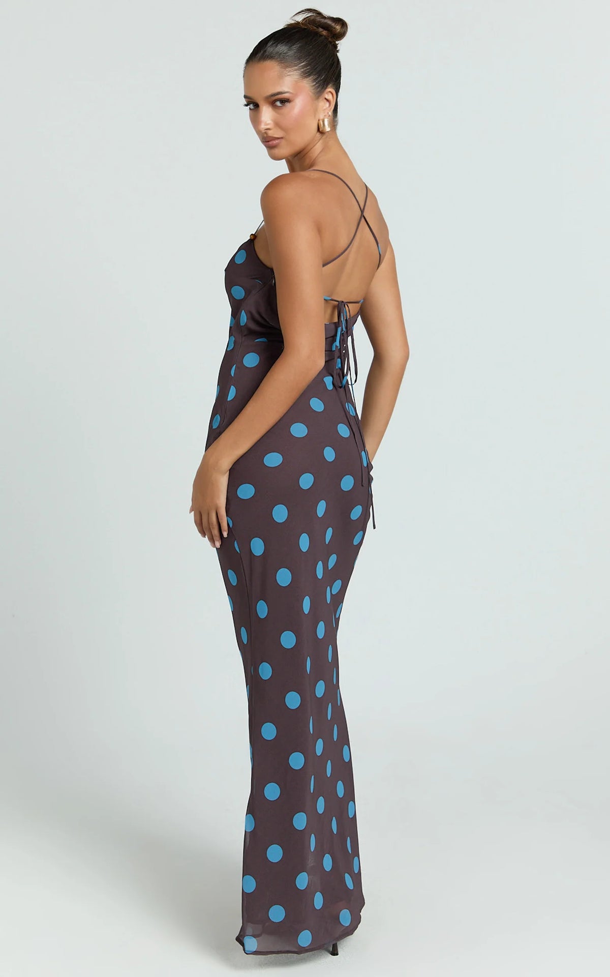 Krishna Maxi Dress - Strappy Scoop Neck Floral Placement Print Georgette Dress in Polka Dot Print