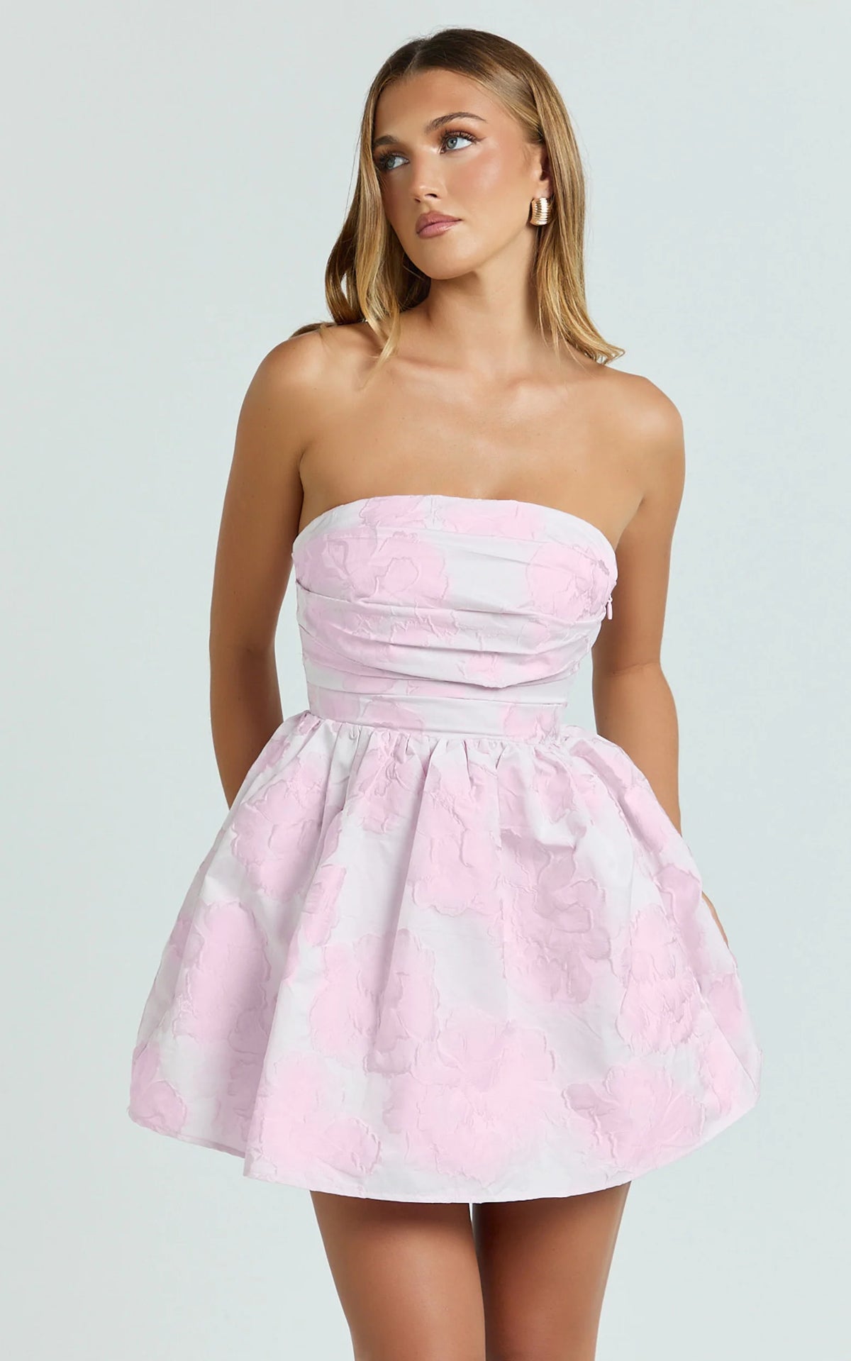 Laure Mini Dress - Strapless Jacquard Dress in Pink