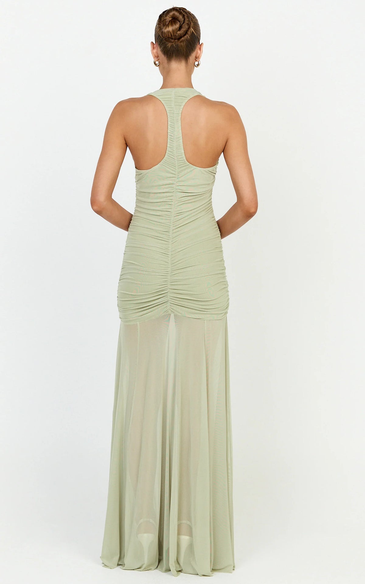 Kori Maxi Dress - Ruched Halterneck Mesh Dress With Racer Back in Sage