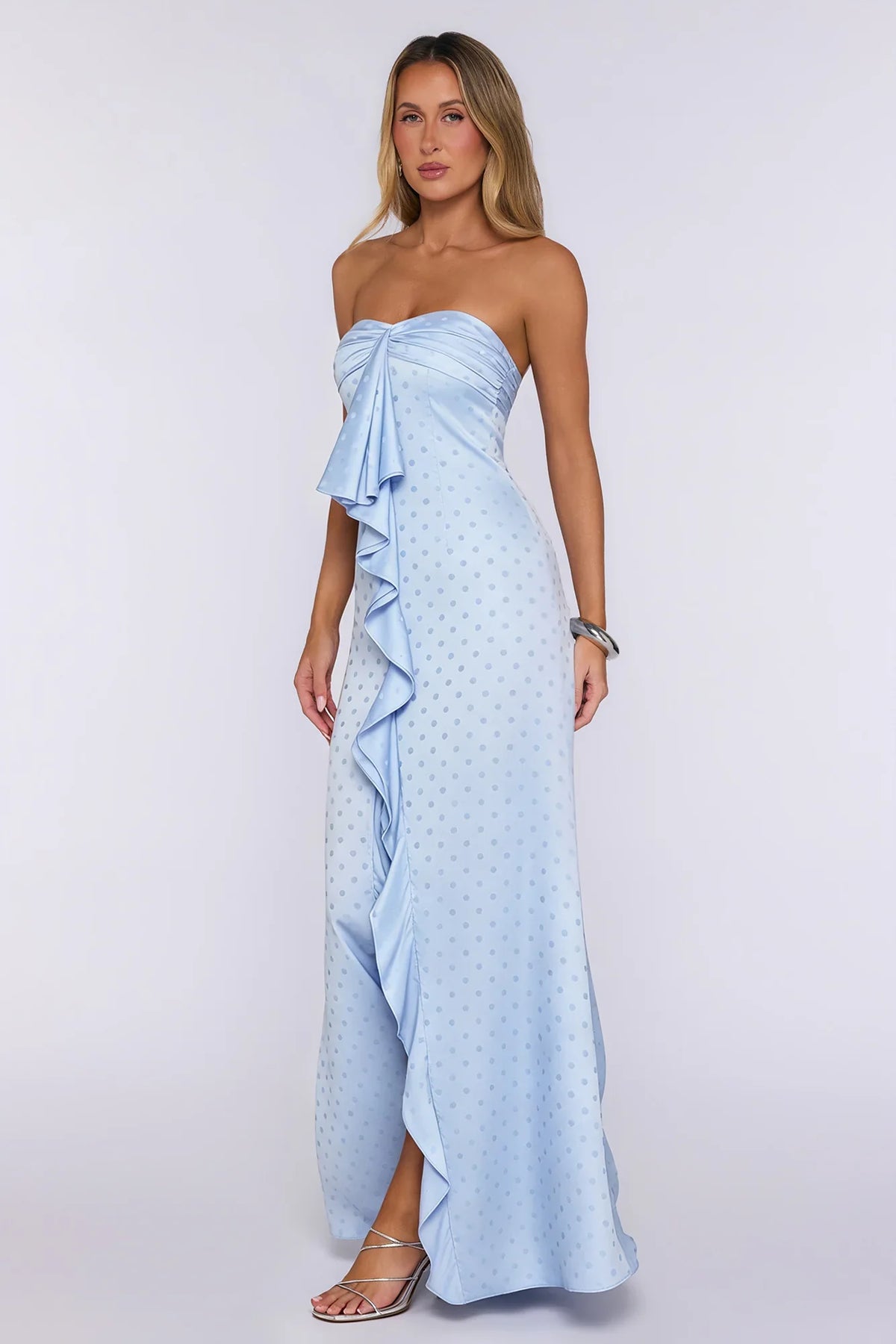 Sparked Hour Satin Polka Dot Strapless Maxi Dress Blue