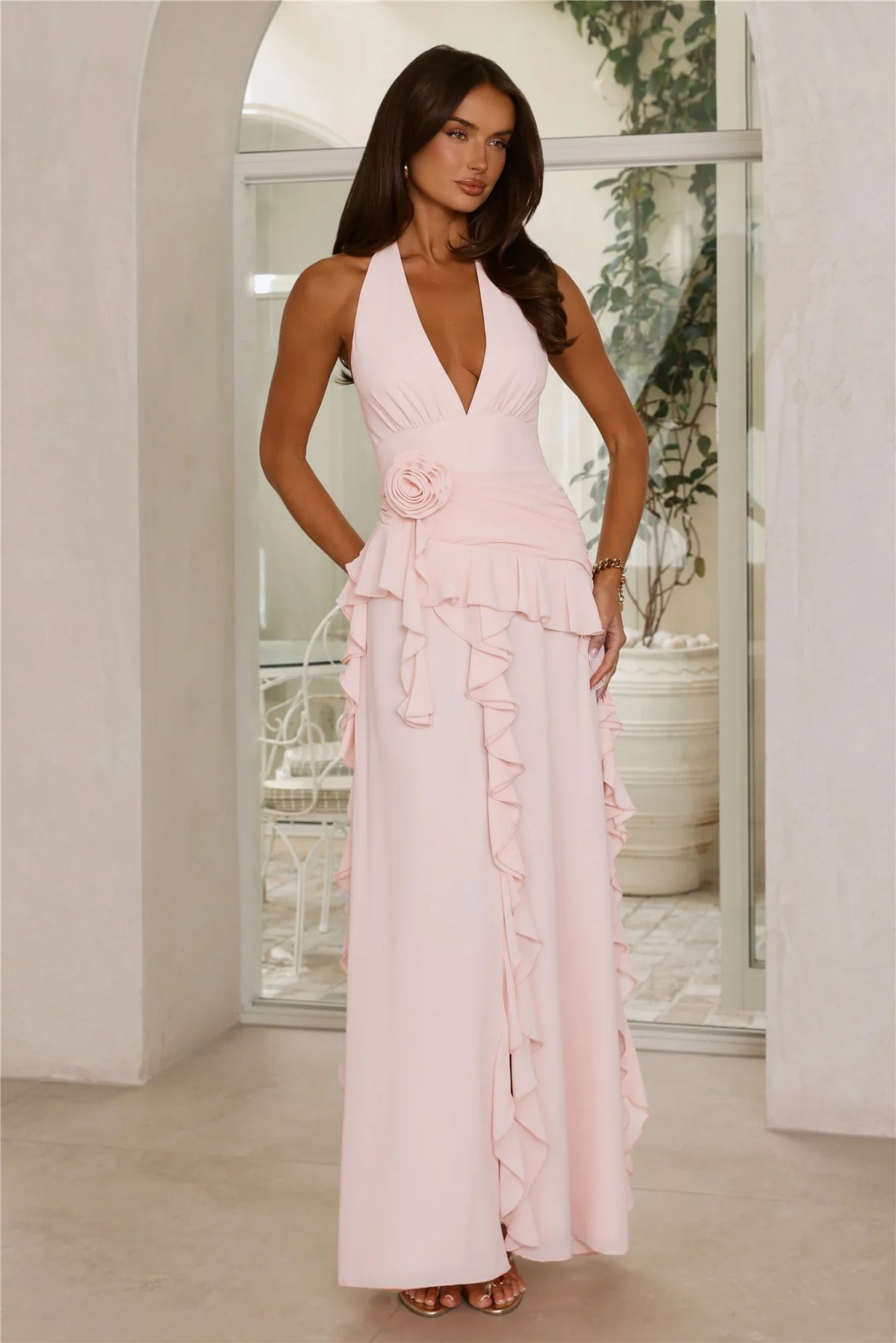 Soft Petal Muse Halter Maxi Dress Pink