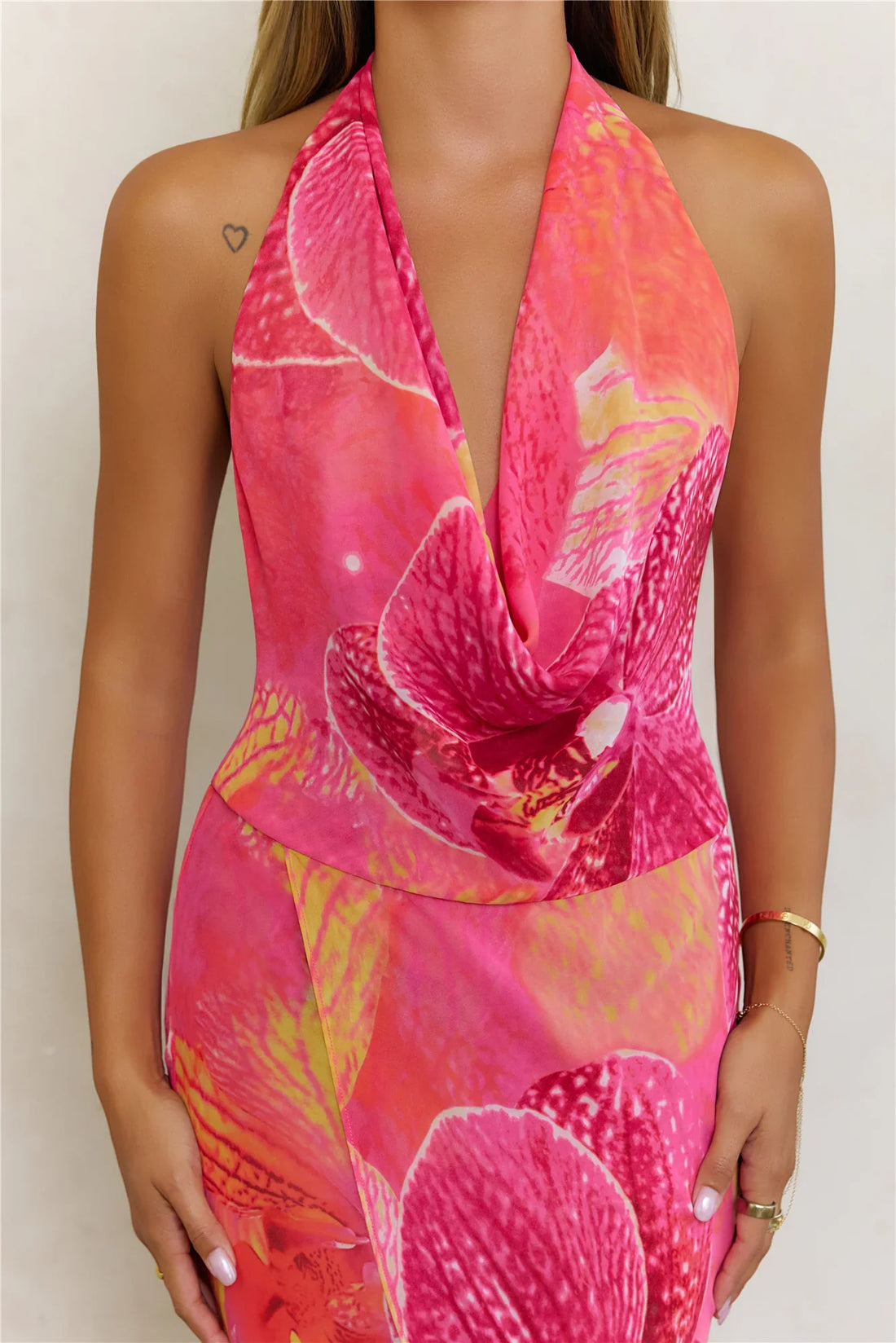 Island Dreamer Floral Cowl Halter Maxi Dress Pink