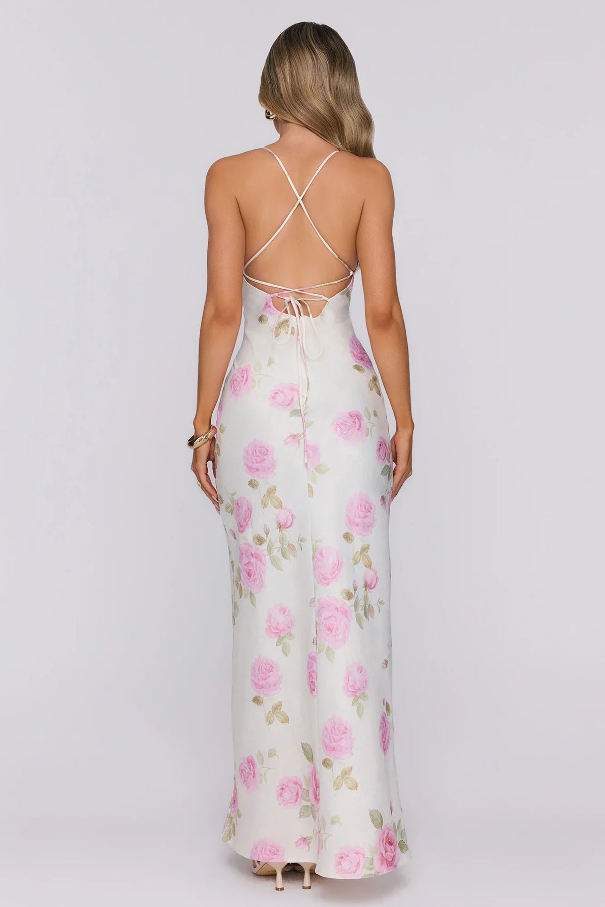 Romantic Muse Lace Floral Satin Maxi Dress Pink