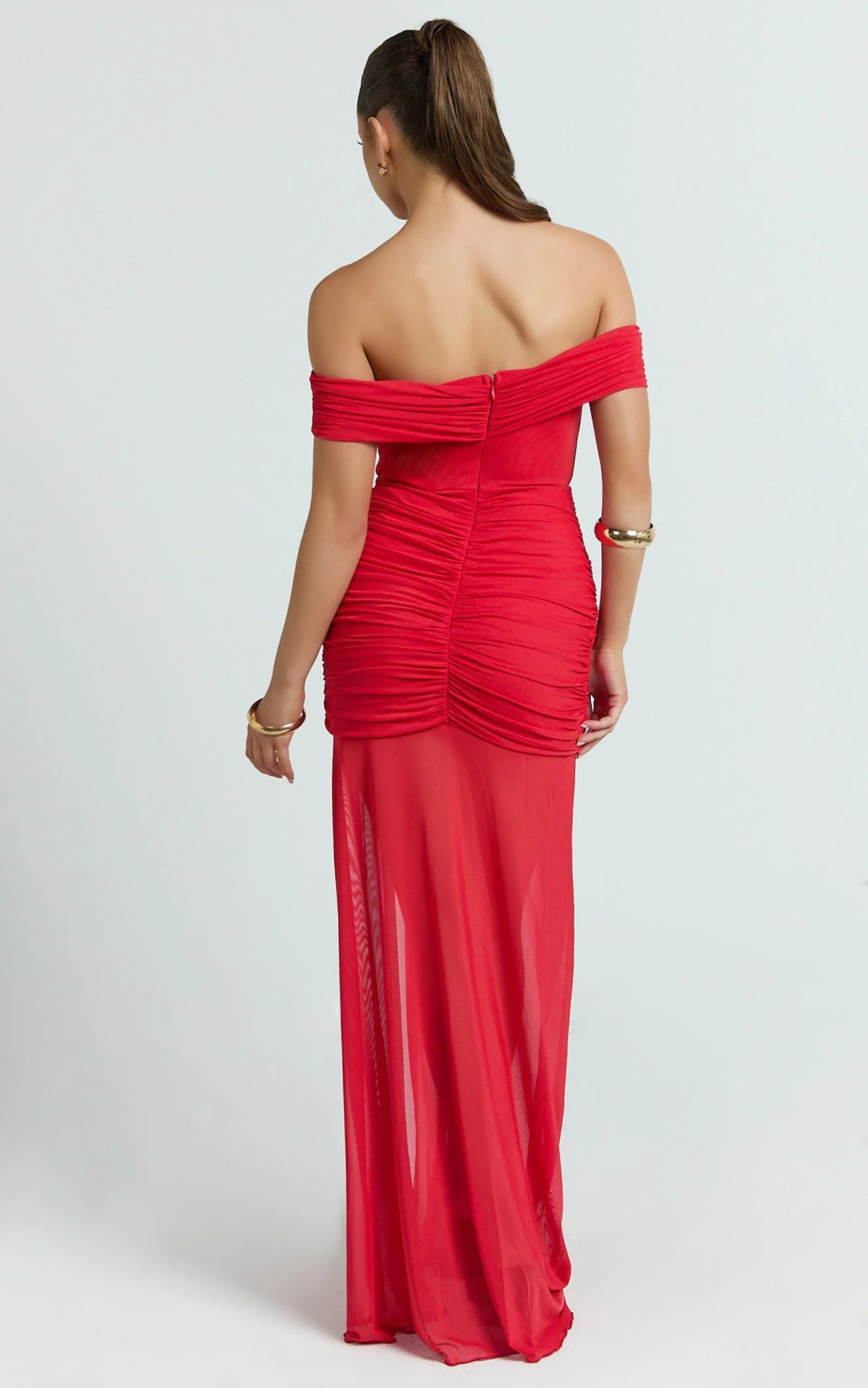 Leticia Maxi Dress - Mesh Off Shoulder Ruched High Split Dress in Red