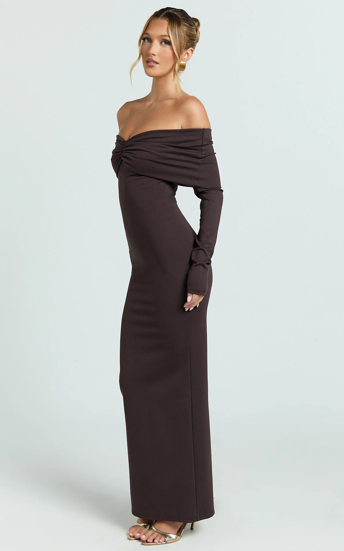 Rani Maxi Dress - Off Shoulder Long Sleeve Bodycon Dress in Chocolate