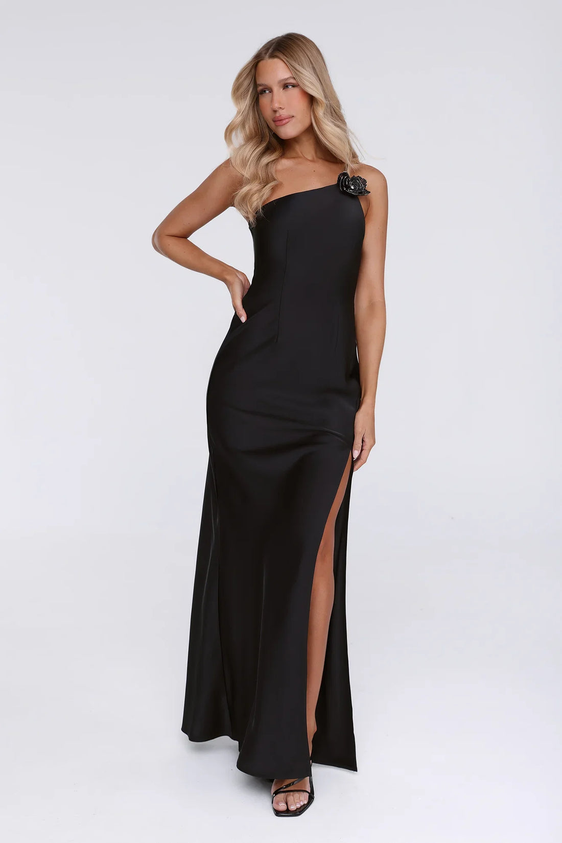 Honeytusk Satin One Shoulder Maxi Dress Black