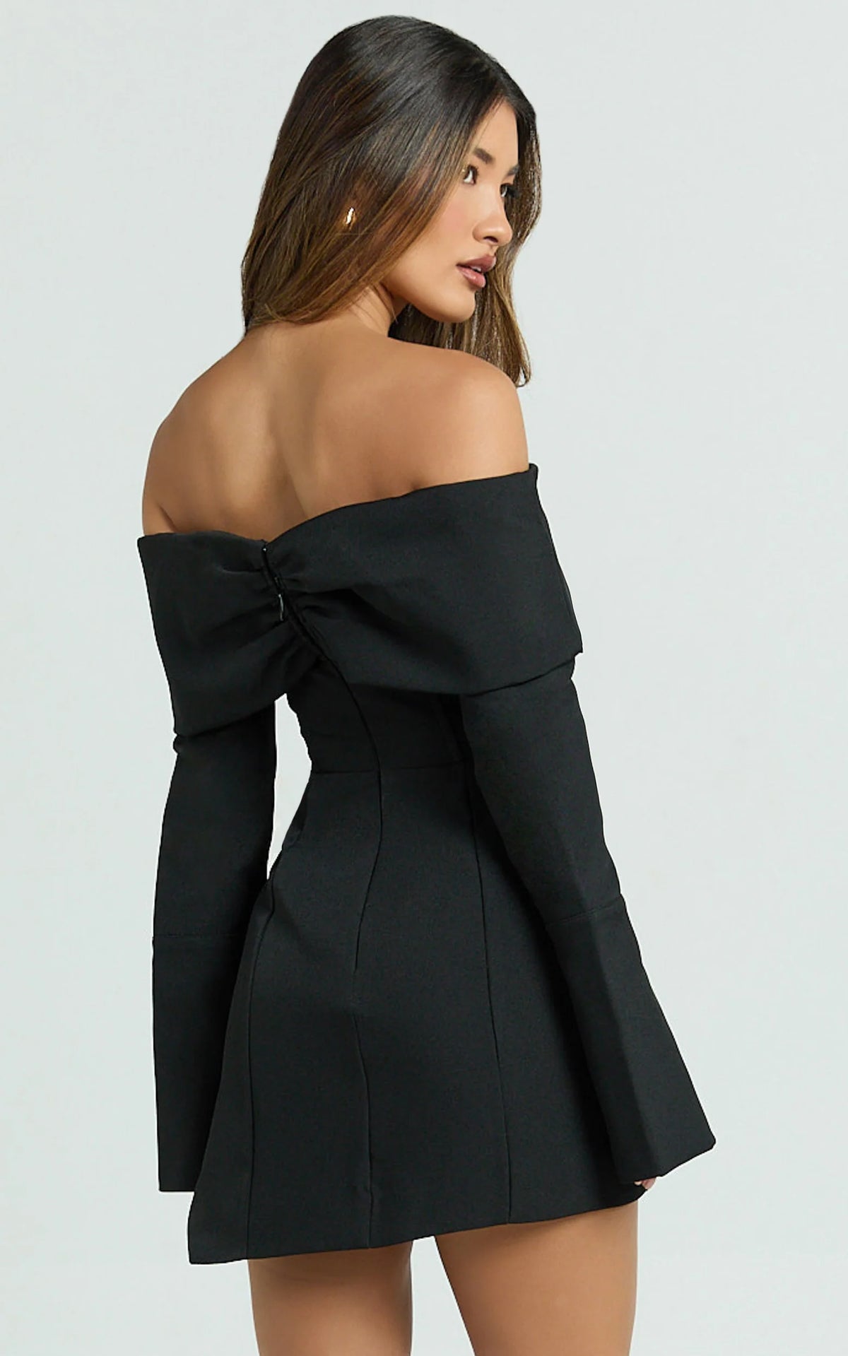 Cyrus Mini Dress - Off Shoulder Long Sleeve Fit And Flare Dress in Black