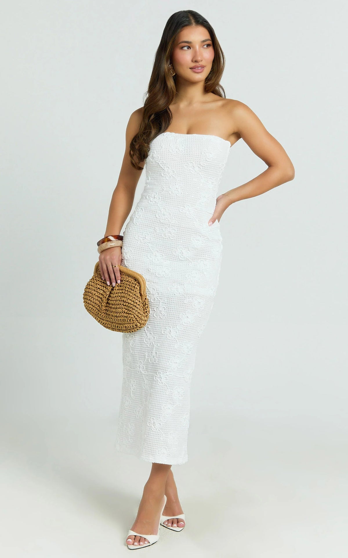Jamil Midi Dress - Strapless Fitted Jersey Dress in White