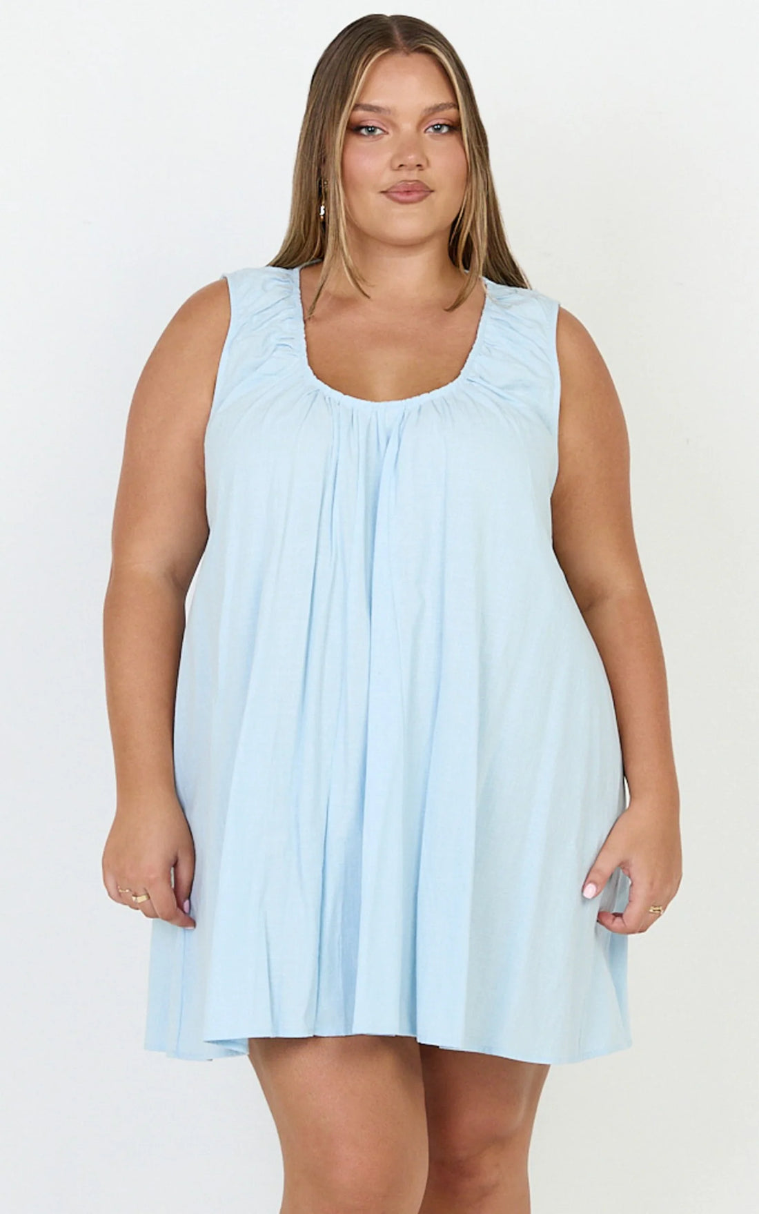 Lucinda Mini Dress - Deep U Gathered Neck Smock Dress in Pale Blue