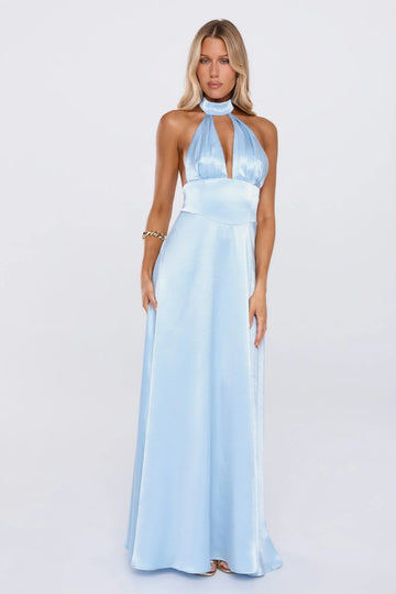The Dress Diary Satin Halter Maxi Dress Blue