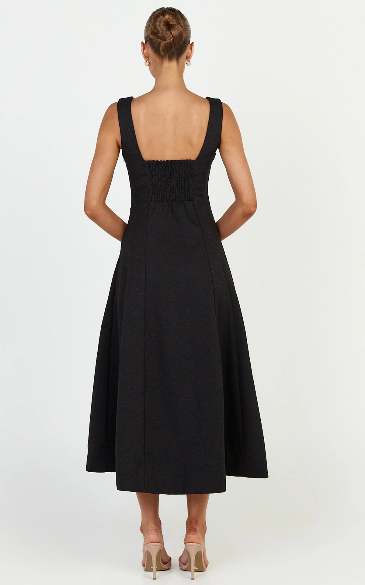 Walters Midi Dress - Square Neck Shirred Back Fit and Flare Panel Dress in Black