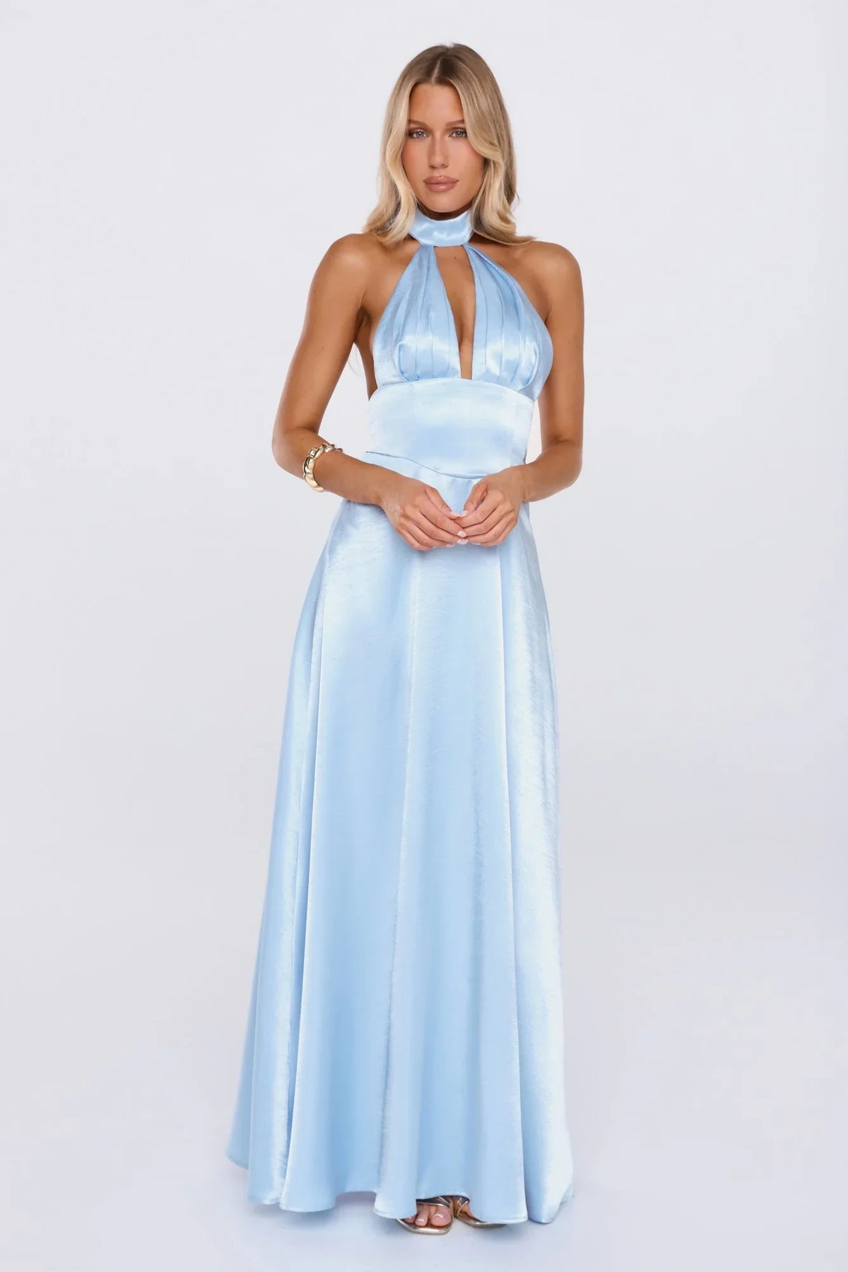 The Dress Diary Satin Halter Maxi Dress Blue