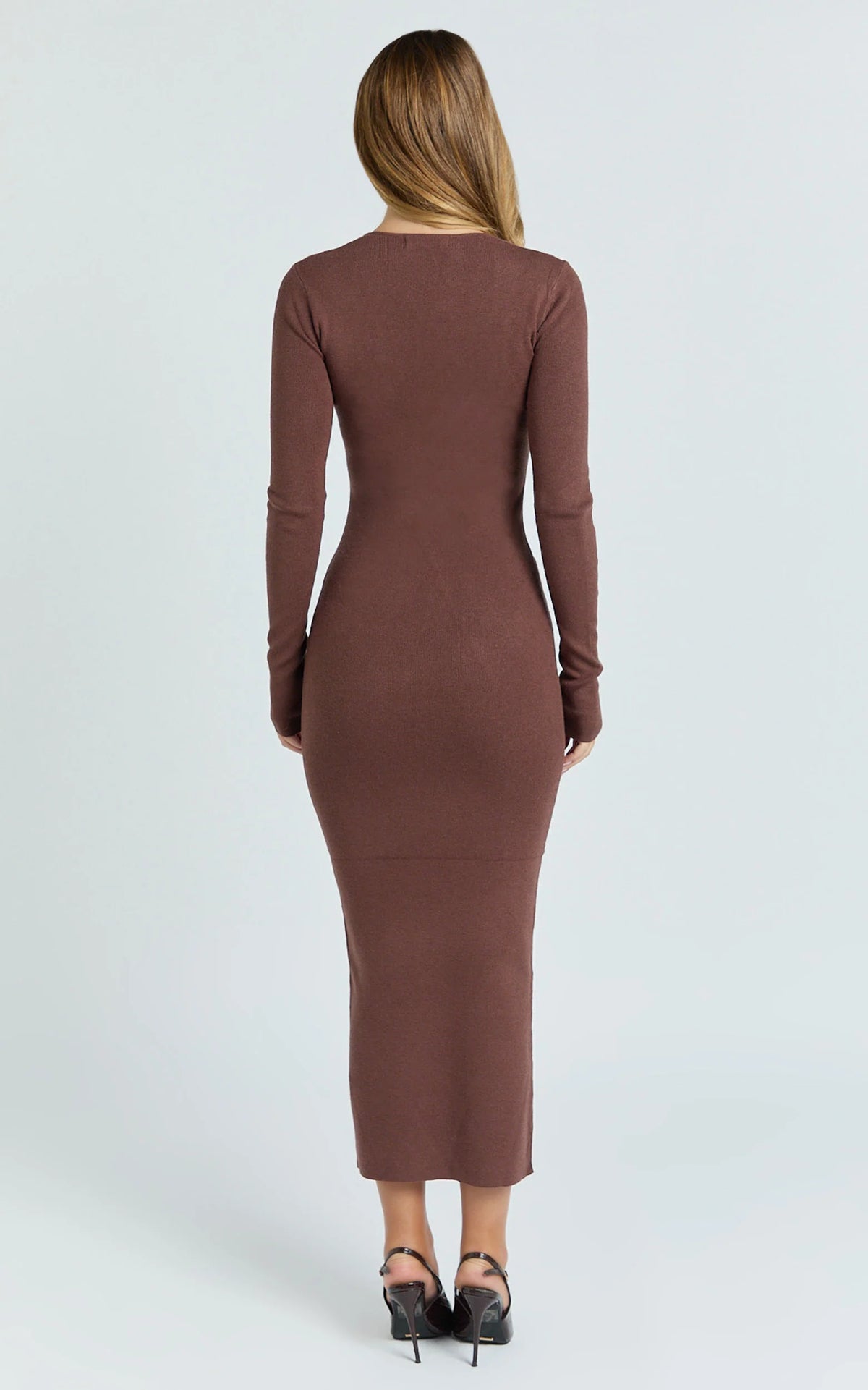 Odessa Midi Dress - U Neck Long Fitted Sleeve Sheer Waist Fitted Knit Dress in Chocolate