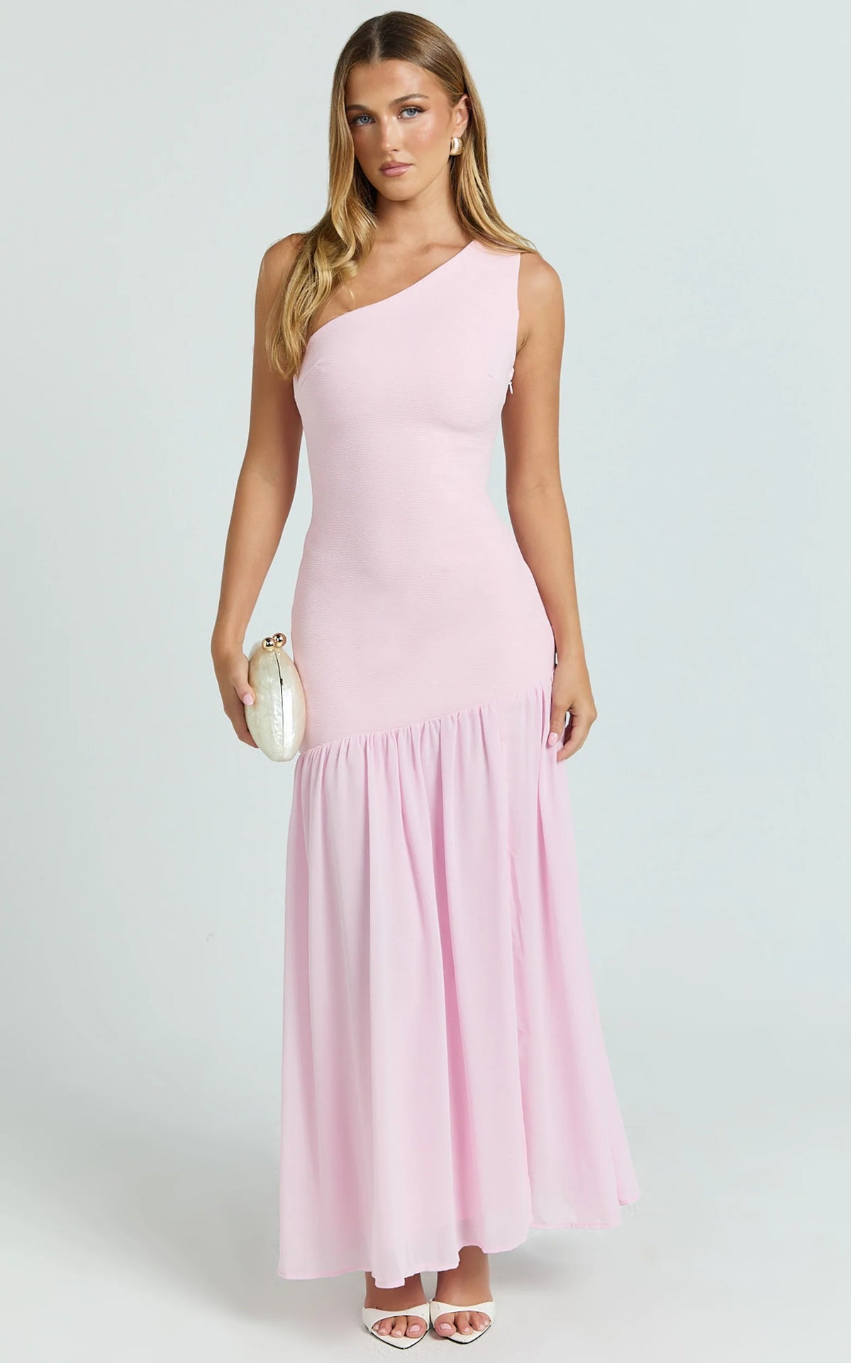 Zia Maxi Dress - One Shoulder Sheer Skirt Dress in Pink