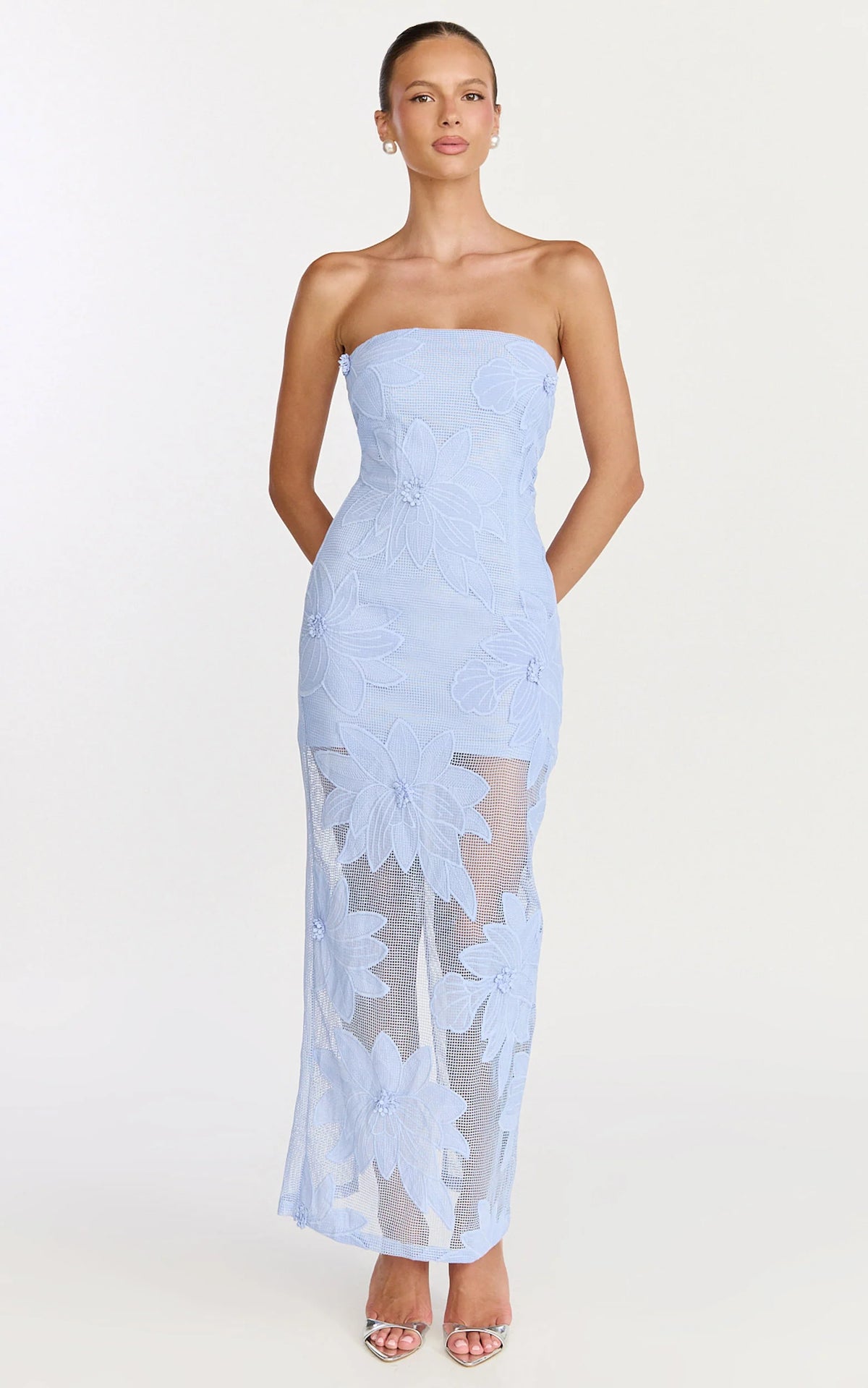 Sienna Midi Dress - Strapless Floral Embroidered Bodycon Dress in Blue